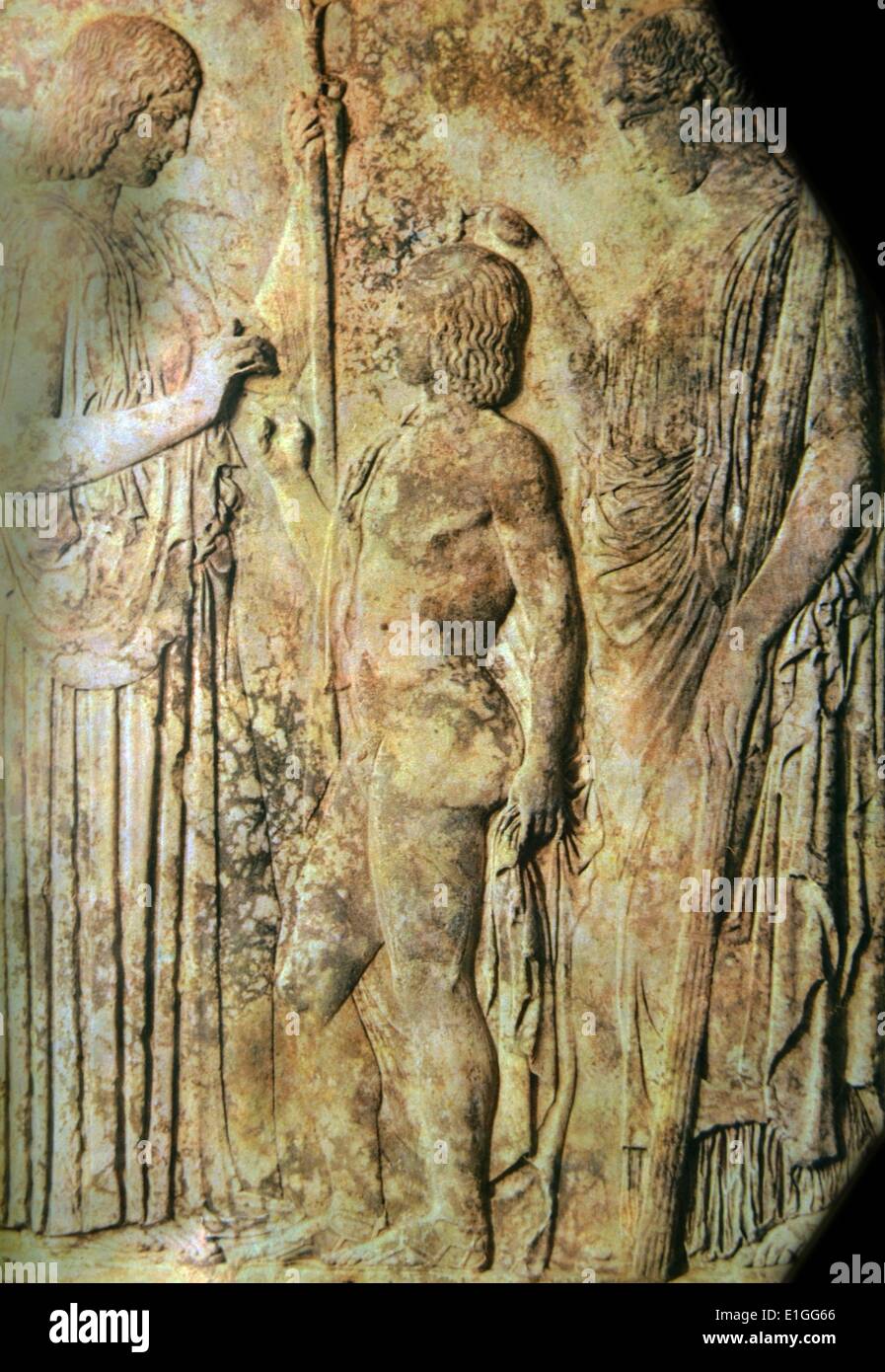 In diesem Relief dargestellt ist Demeter und Kore, zwei große Eleusinischen Göttinnen mit den Halbgott Triptolemos. 430 v. Chr. datiert Stockfoto
