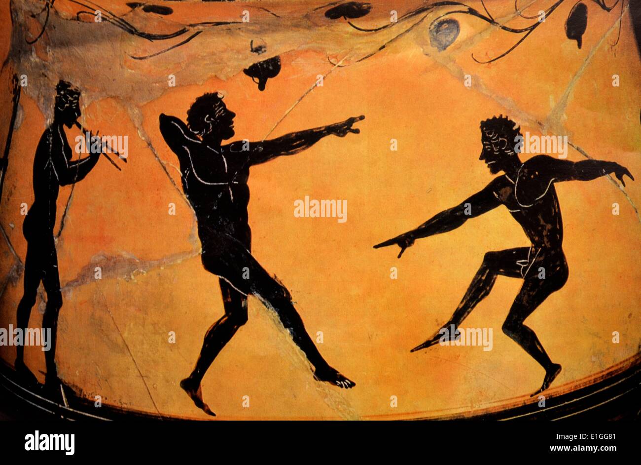 Böotischen Jar. Zwei junge Männer sind unter ein Spalier der Blätter tanzen zur Musik der Doppel-Flöte dargestellt. Abgebildeten 300 b.c. Stockfoto