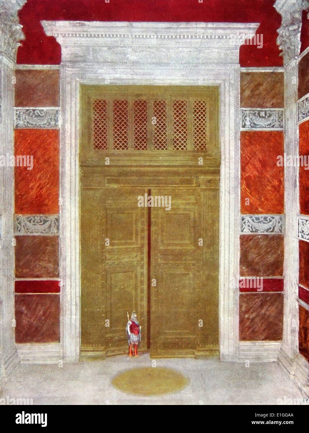 Farbige Skizze einer restaurierten Tür des Pantheons. Die Skizze zeigt einen römischen Soldat bewacht die Tür. Stockfoto