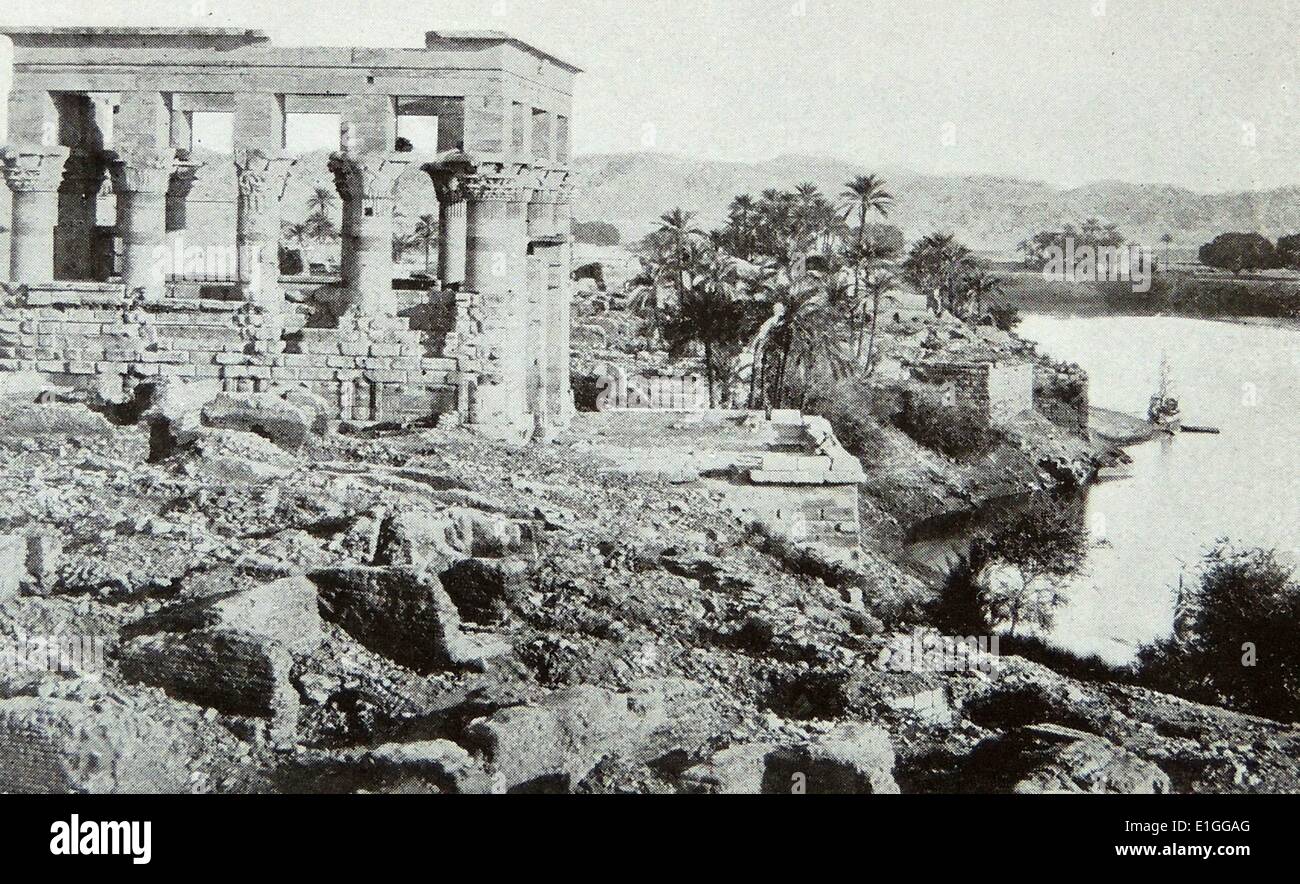 Foto von der Insel Philae vor dem Bau des Assuan-Damms. Ägypten. Datierte 1950 Stockfoto