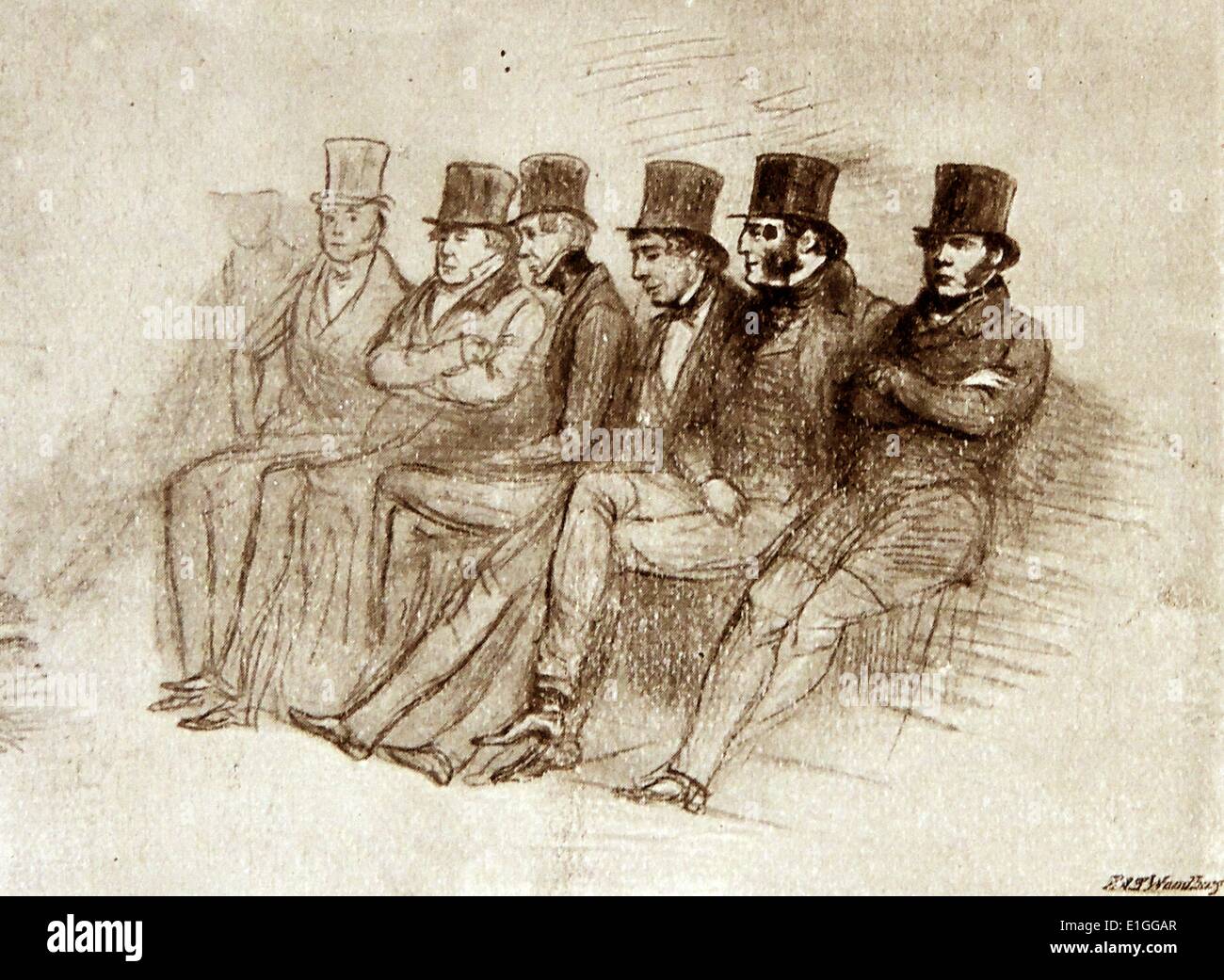 Abbildung: mit dem Titel "interessante Gruppe". Die Gruppe umfasst Herr Lincoln, Sir Robert Peel, Herr Goulbourne, Herr Disraeli, Lord George Bentinck, und Herr O'Brien. Lord George Bentinck's Plan der Hilfswerke für Irland. Die nahmen vor allem die Form der Bahn Verlängerung, wurde zunächst von der Regierung abgelehnt, aber danach von Ihnen angenommen, diese "interessante Gruppe damit' der Männer in Einklang. Vom 1847 Stockfoto