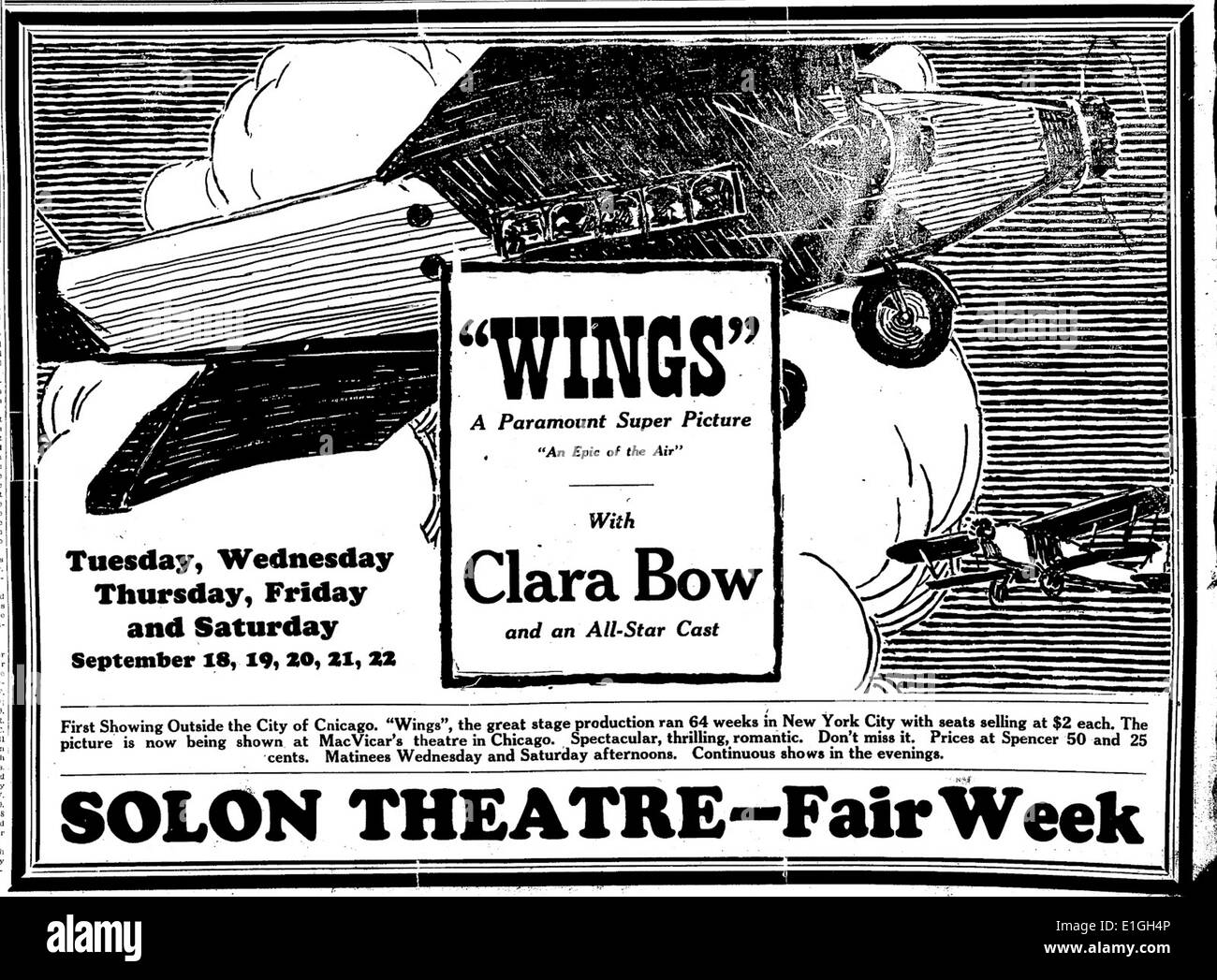 Flügel, mit Clara Bow, ein 1927 Film. Stockfoto
