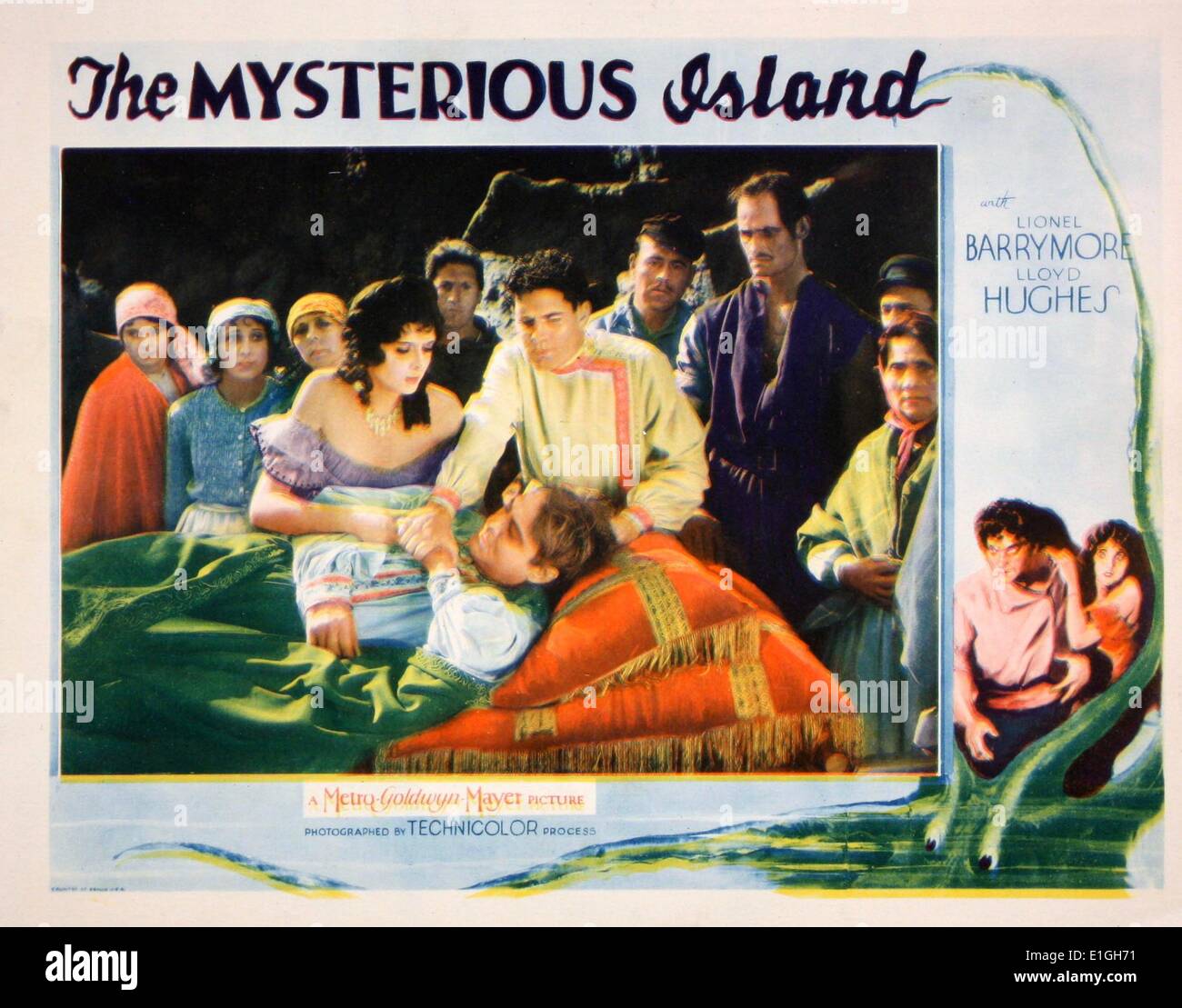 Lobby Card für den Film Die geheimnisvolle Insel (1929). Metro-Goldwyn-Mayer Film von Lucien Hubbard, eine Verfilmung von Jules Vernes Roman L'Île mystérieuse (Die geheimnisvolle Insel), im Jahre 1874 veröffentlicht. Der Film war als alles - Technicolor, Spielfilm mit Reden Sequenzen, Soundeffekte und Musik synchronisiert. Stockfoto