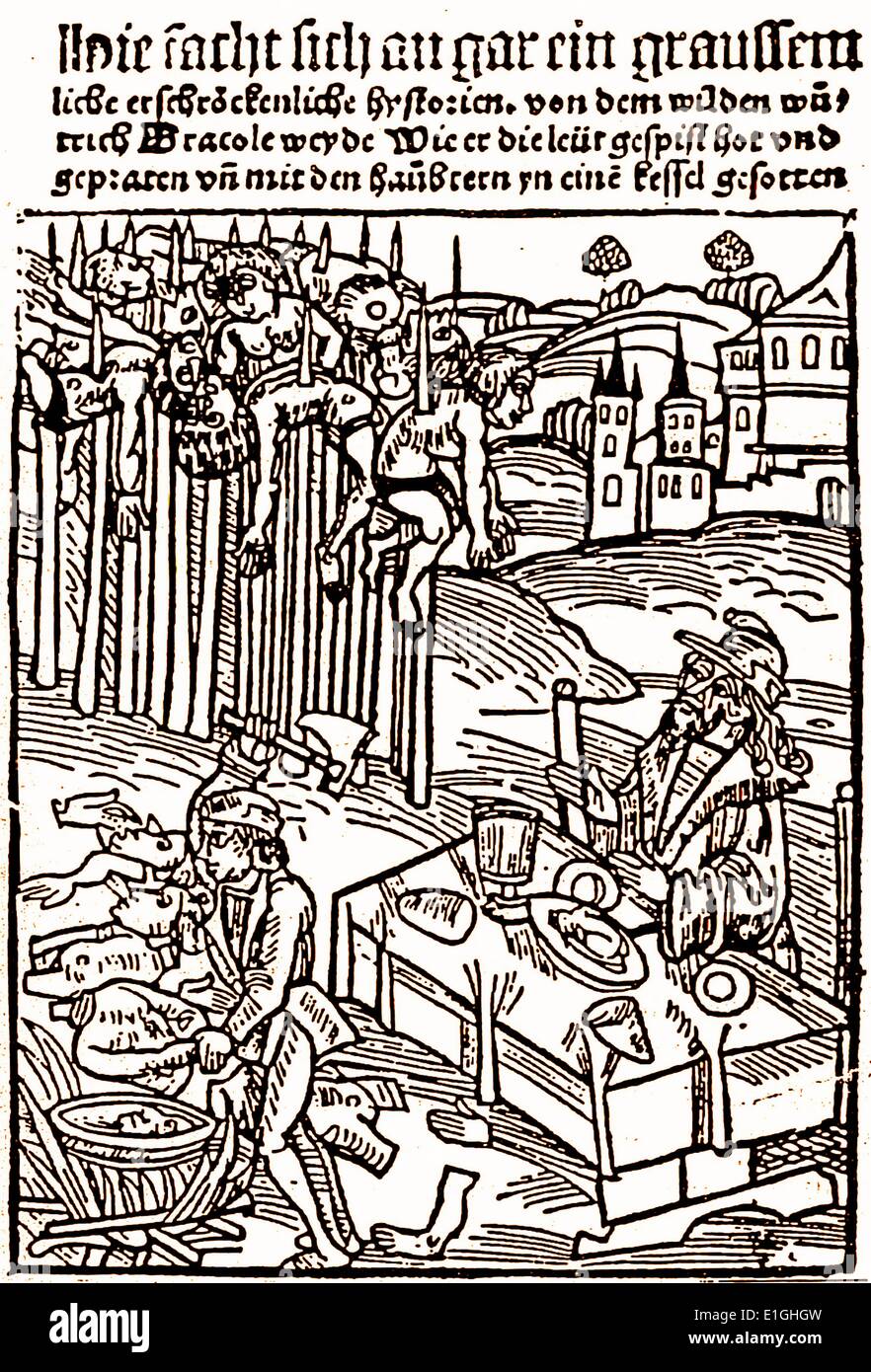 Holzschnitt von Vlad III., C. 1560, angeblich eine Kopie eines Originals während seiner Lebenszeit. Vlad Fürst der Walachei (1431 - 1476/77), war ein Mitglied des Hauses der Drăculești. Er wurde auch durch seine Vatersnamen Name bekannt: Dracula. Er wurde postum betitelten Vlad the Impaler aufgrund seiner Praxis seiner Feinde impaling ist Teil seiner historischen Ruf. Stockfoto
