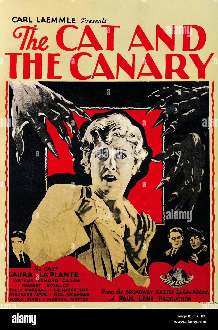 Die Katze und der Kanarienvogel eine 1927 amerikanische silent Horror Film starrng Laura La Plante. Stockfoto