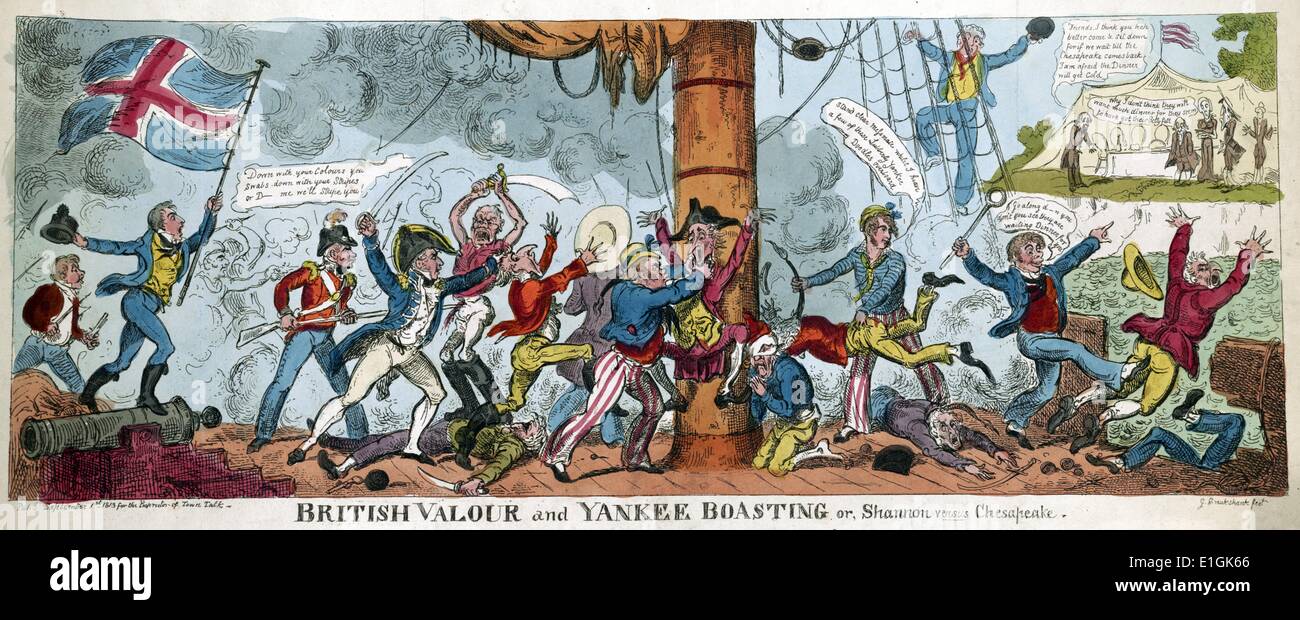 Drucken; Radierung, von Hand gefärbt. Cartoon zeigt eine britische Internatsschulen Partei Routing die Crew der Chesapeake; in wenigen Minuten die Crew war gedämpft, und die Britische Flagge gehisst. Die Amerikaner werden als Glücklose und feige dargestellt. Von George Cruikshank 1792-1878 wurde sie von HMS Shannon kurz nach dem Segeln von Boston, Massachusetts, am 1. Juni 1813 Stockfoto
