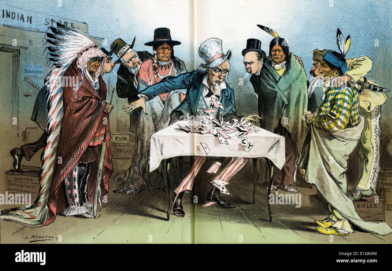 Unsere indischen Politik; ein Haus der Karten von Joseph Ferdinand Keppler, 1838-1894, Künstler. zeigt Uncle Sam sitzen an einem Tisch draußen ein "Indian Store" mit Einheimischen und Regierung Agenten um gesammelt; er war ein Haus der Karten mit der Aufschrift "indische Politik', bis die Regierung Agenten und ein Mann stand auf einem Feld mit der Bezeichnung "Boston Sentimentalist" lehnte sich vor und blies, es Klopfen. Stockfoto