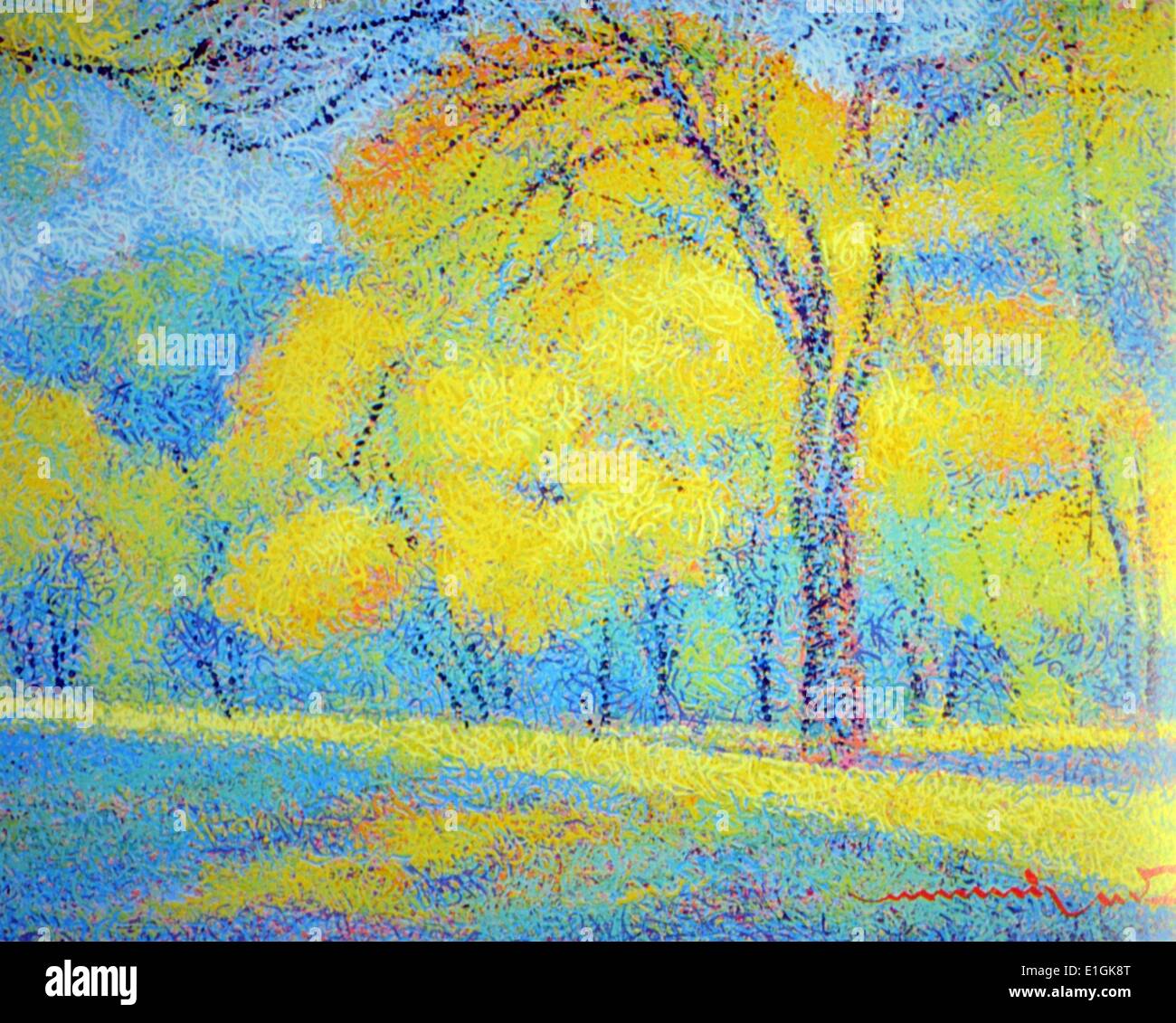 Manuel Rodriguez Sr. Accrylic auf Papier, "gelbe Landschaft" 1992 Stockfoto