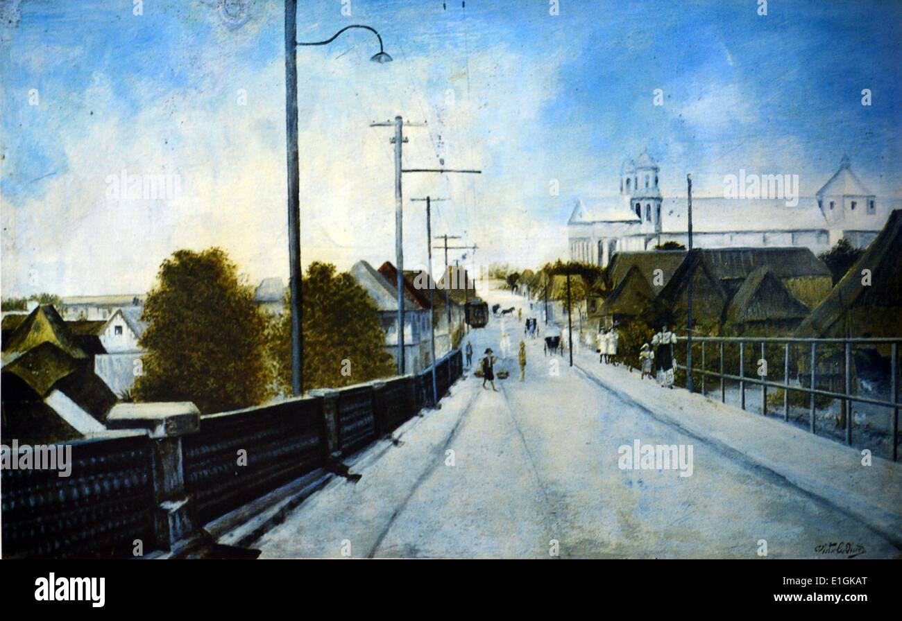 Victor Diores, Stadt und Brücke der Malabon, ca. 1890. Öl auf Blech. Stockfoto