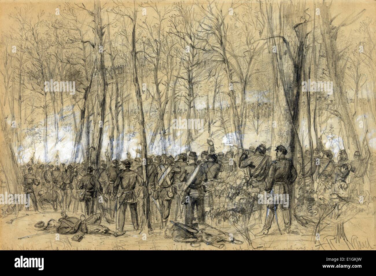 Genl. Wadsworths Division in Aktion in der Wüste, in der Nähe der Stelle, wo der General von Alfred Waud, 1828-1891 getötet wurde, Künstler Veröffentlicht 1864 Stockfoto