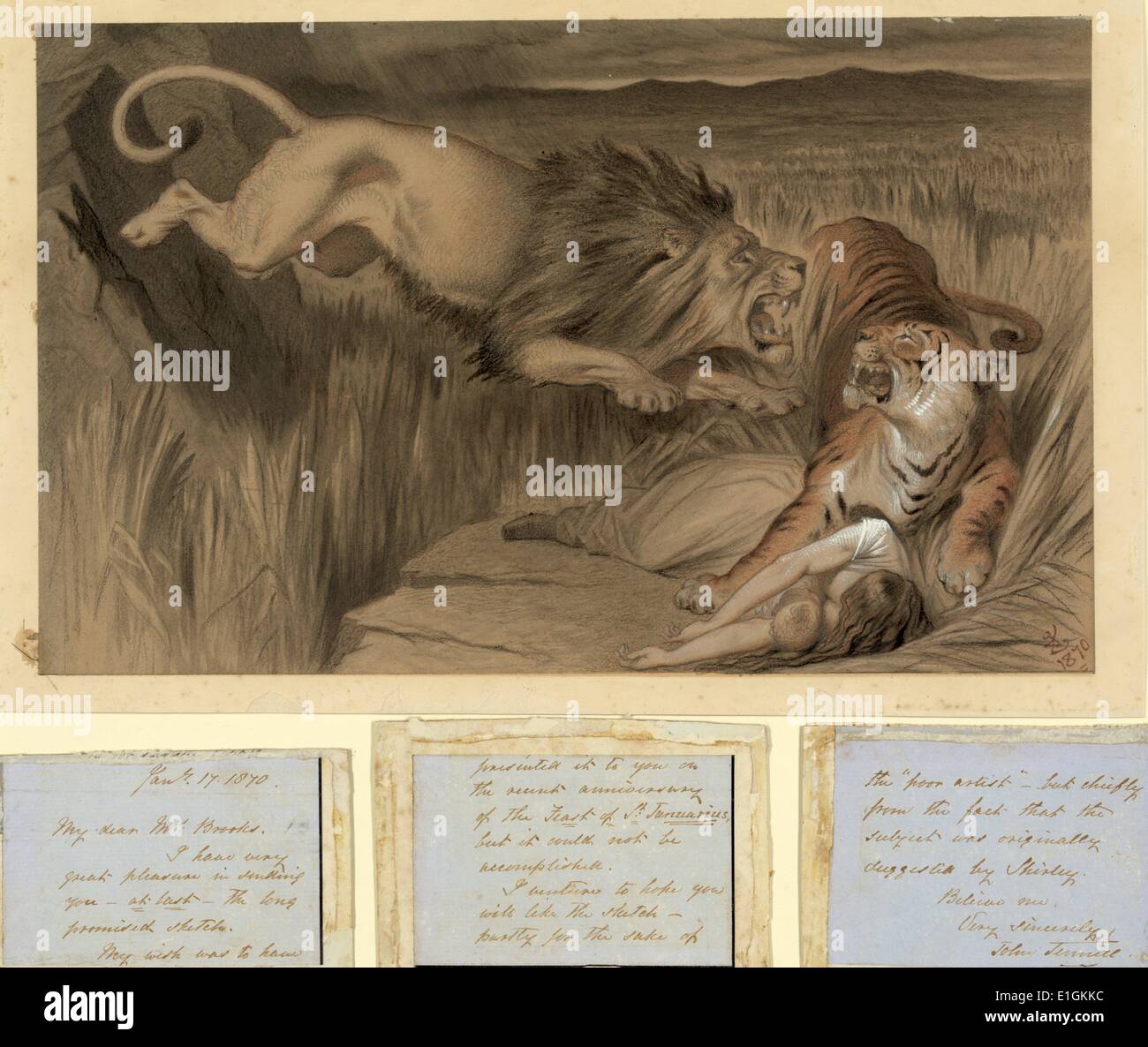 Der britischen Löwen vengence auf dem Bengalischen Tiger 1870. Von John Tenniel, 1820-1914. Politische Karikatur zeigt ein Löwe, der sich auf einem Tiger, der Angreifende ist eine Frau und Baby Stockfoto