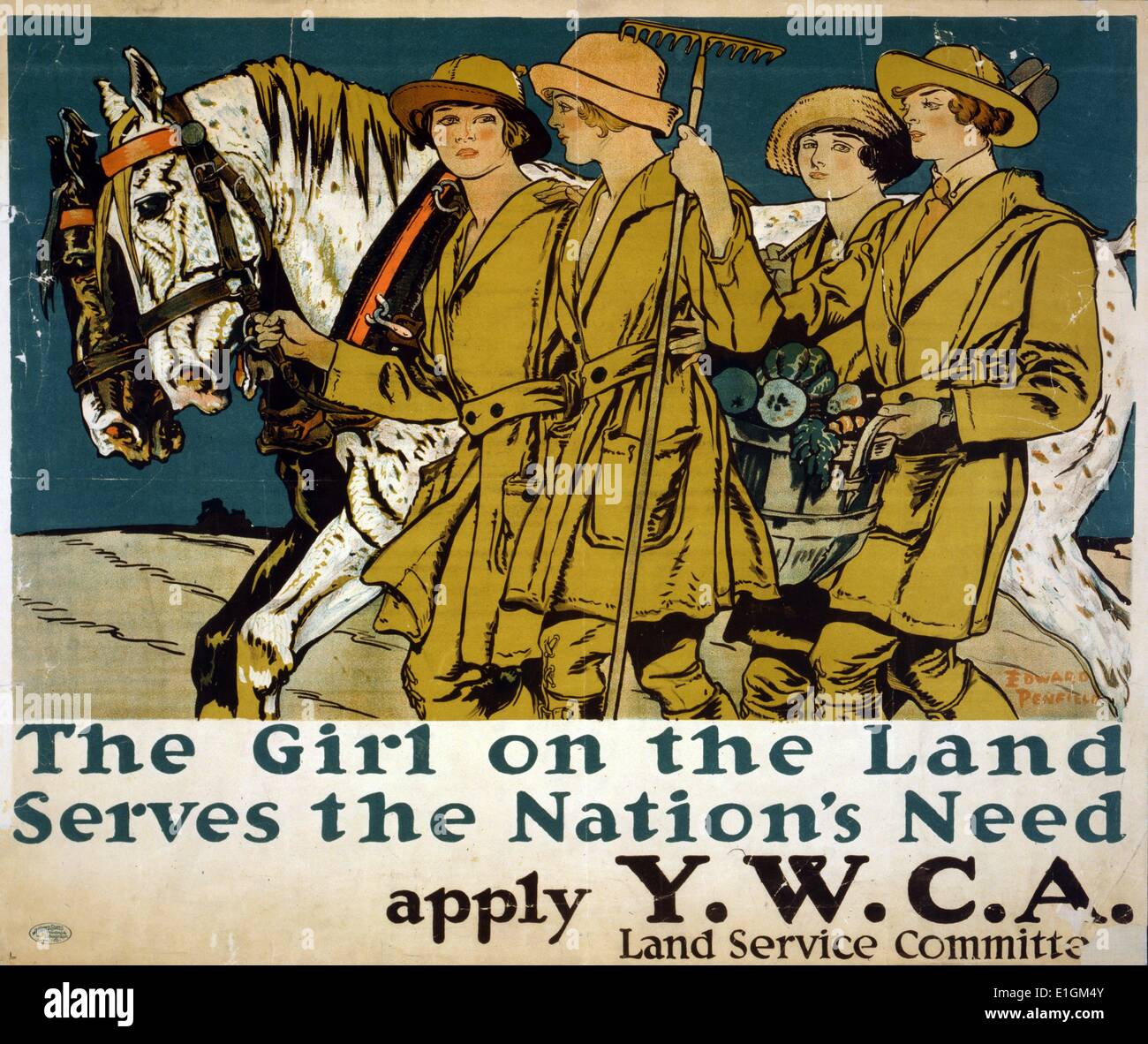 Das Mädchen auf dem Land dient der Nation. Y.W.C.A. Land Service von Edward Penfield, 1866-1925, datiert 1918. Weltkrieg eine Rekrutierung Poster mit vier junge Frauen, die Werkzeuge und ein Korb mit produzieren, und führen ein Team der Pferde. Stockfoto