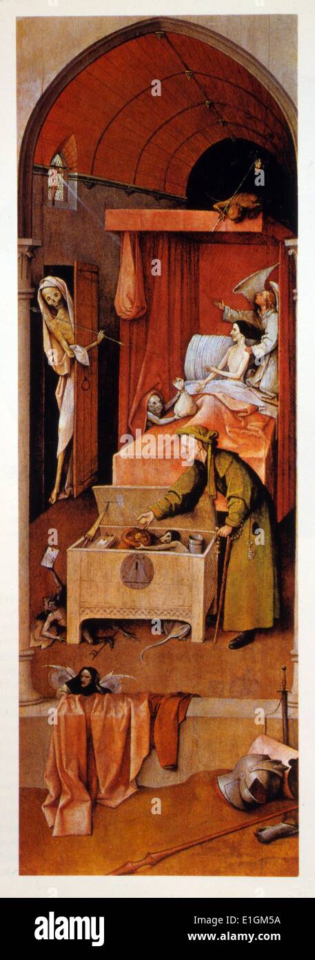 Tod und der Geizige von Hieronymus Bosch,-1516, zeigt ein Geizhals auf seinem Sterbebett zwischen einem Engel und Tod, die den Geizhals für seine Seele wiedergefunden. Stockfoto