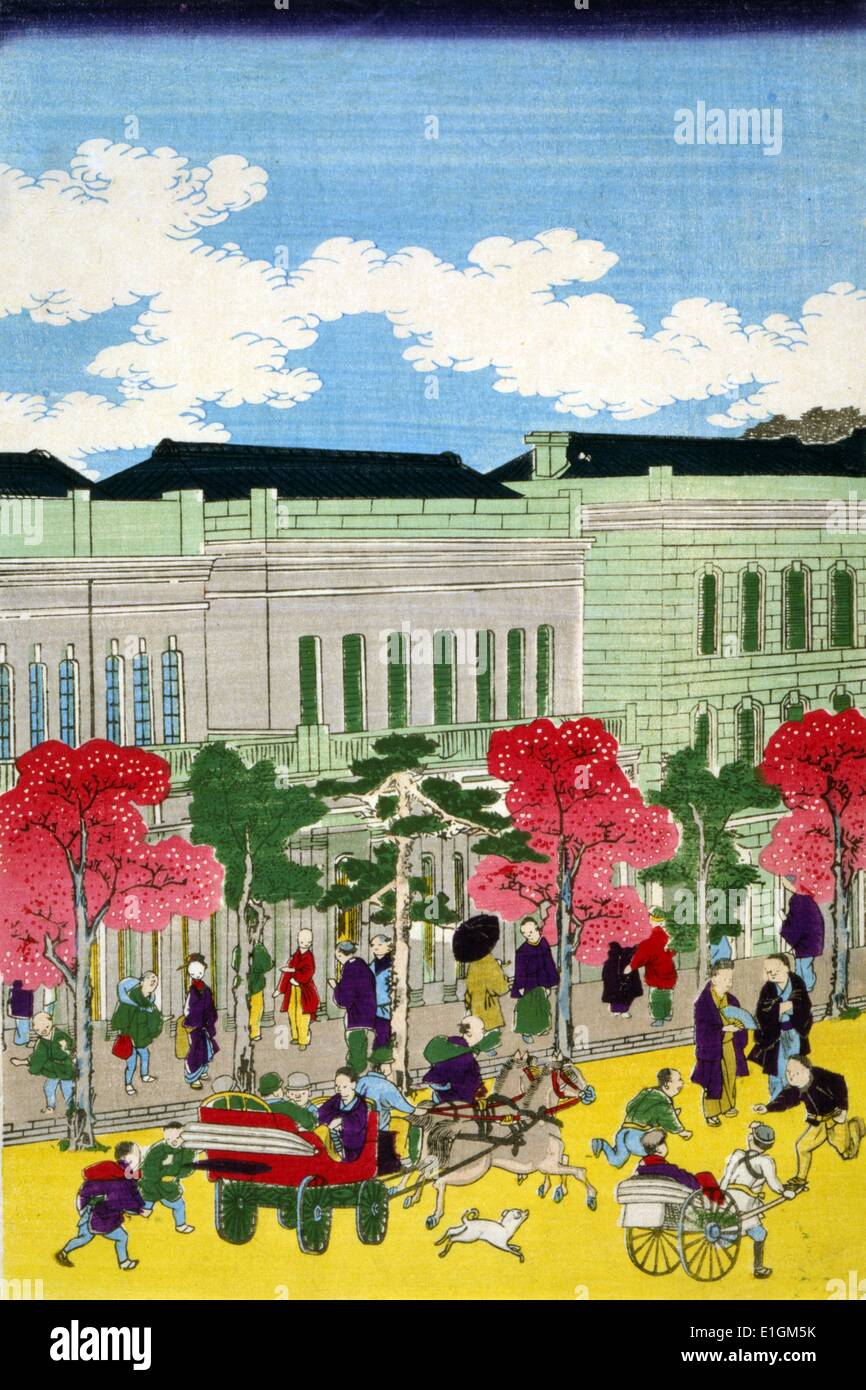 Tokio shimbashi rengaishi Tetsudo jokisha shinkei zu (Backsteinbau und Dampfzug in Shimbashi, Tokio; Ca. 1872. Japanische Triptychon (unvollständig) Drucken zeigt Ansichten von Tokyo Straßen mit Gebäuden, Menschen, und die verschiedenen Transportmöglichkeiten einschließlich rikschas, Kutschen, eine Hand gezeichnete Karre und eine Dampfeisenbahn. Stockfoto