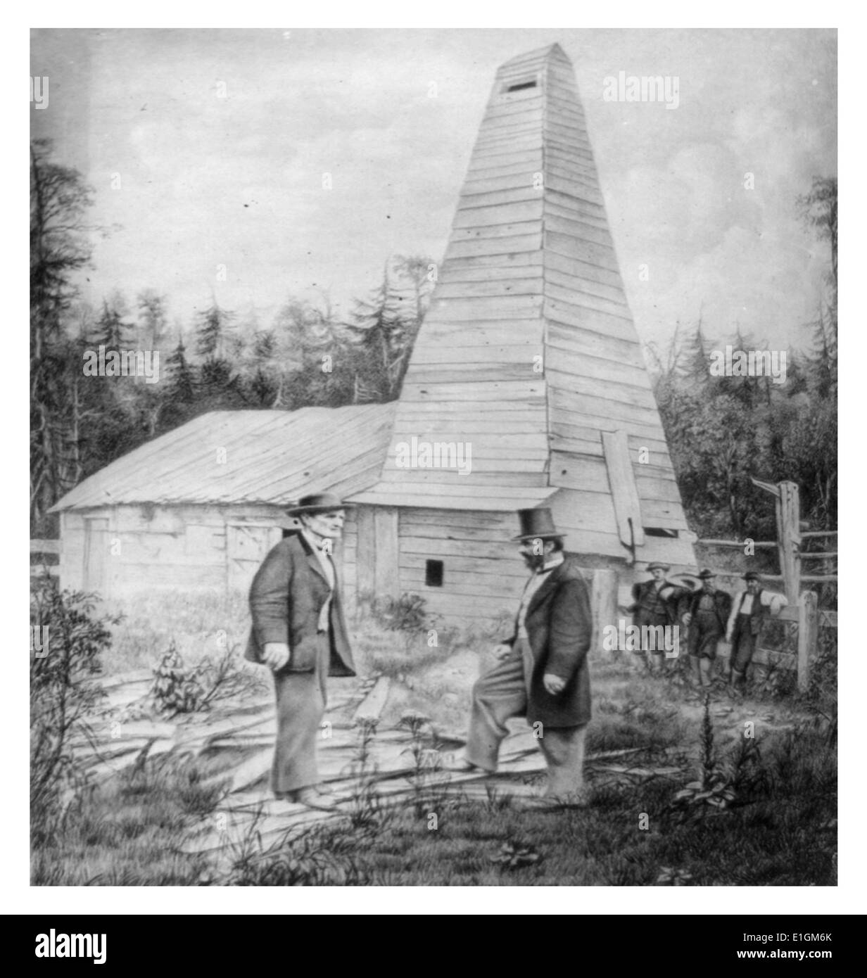 Foto von Edwin L. Drake, auf der rechten Seite, und das Drake Gut im Hintergrund, in Titusville, Pennsylvania, in dem die erste kommerzielle gut 1859 gebohrt wurde, um Erdöl zu finden. Vom 1859 Stockfoto