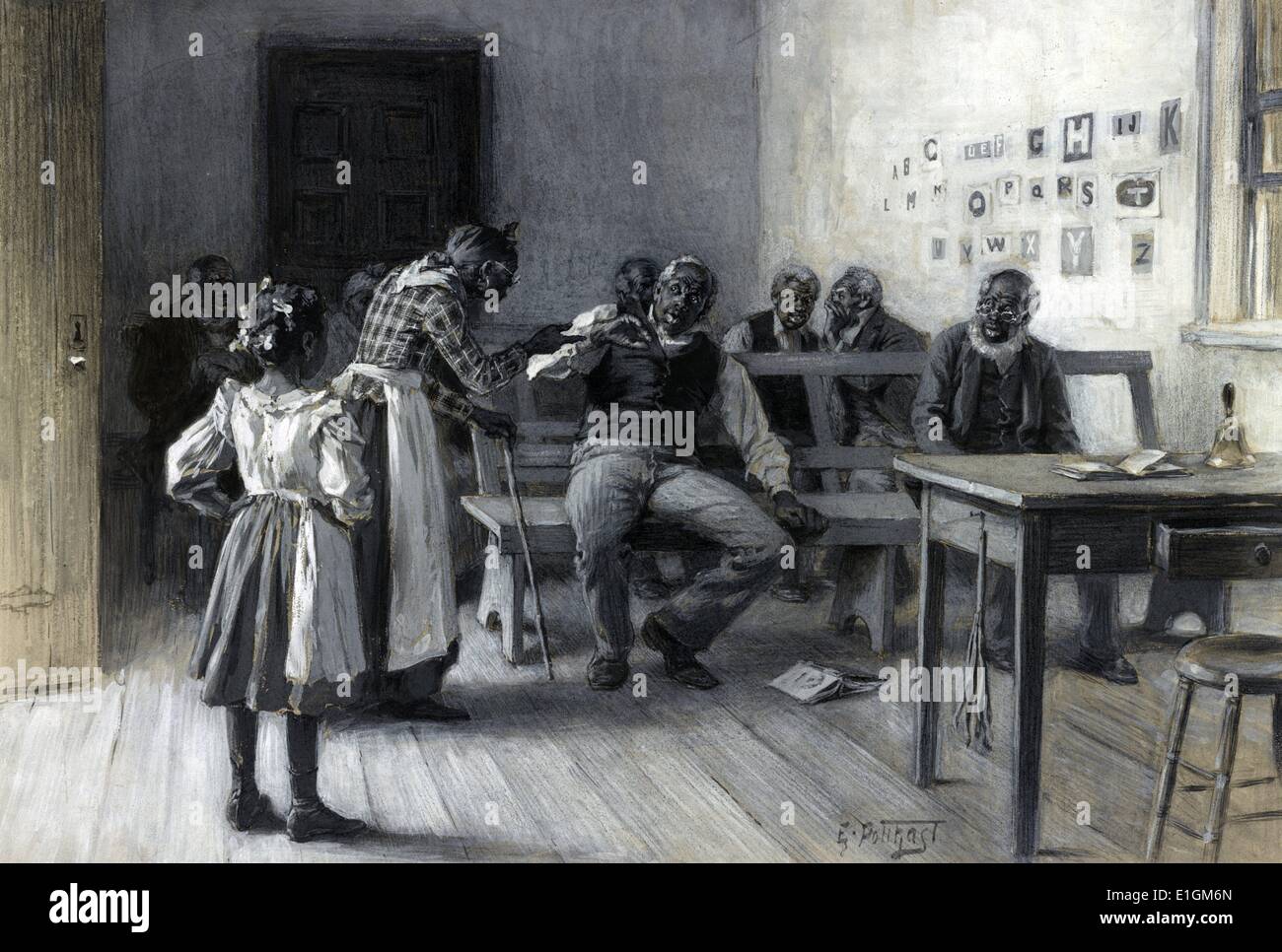 Eine Karikatur, die ein Erwachsener afrikanische Amerikaner in einem Klassenzimmer mit der älteren Lehrerin Disziplinierung ein Mann in der ersten Reihe sitzt; ein junges Mädchen steht auf der linken Seite, im Vordergrund. Vom 1897 Stockfoto