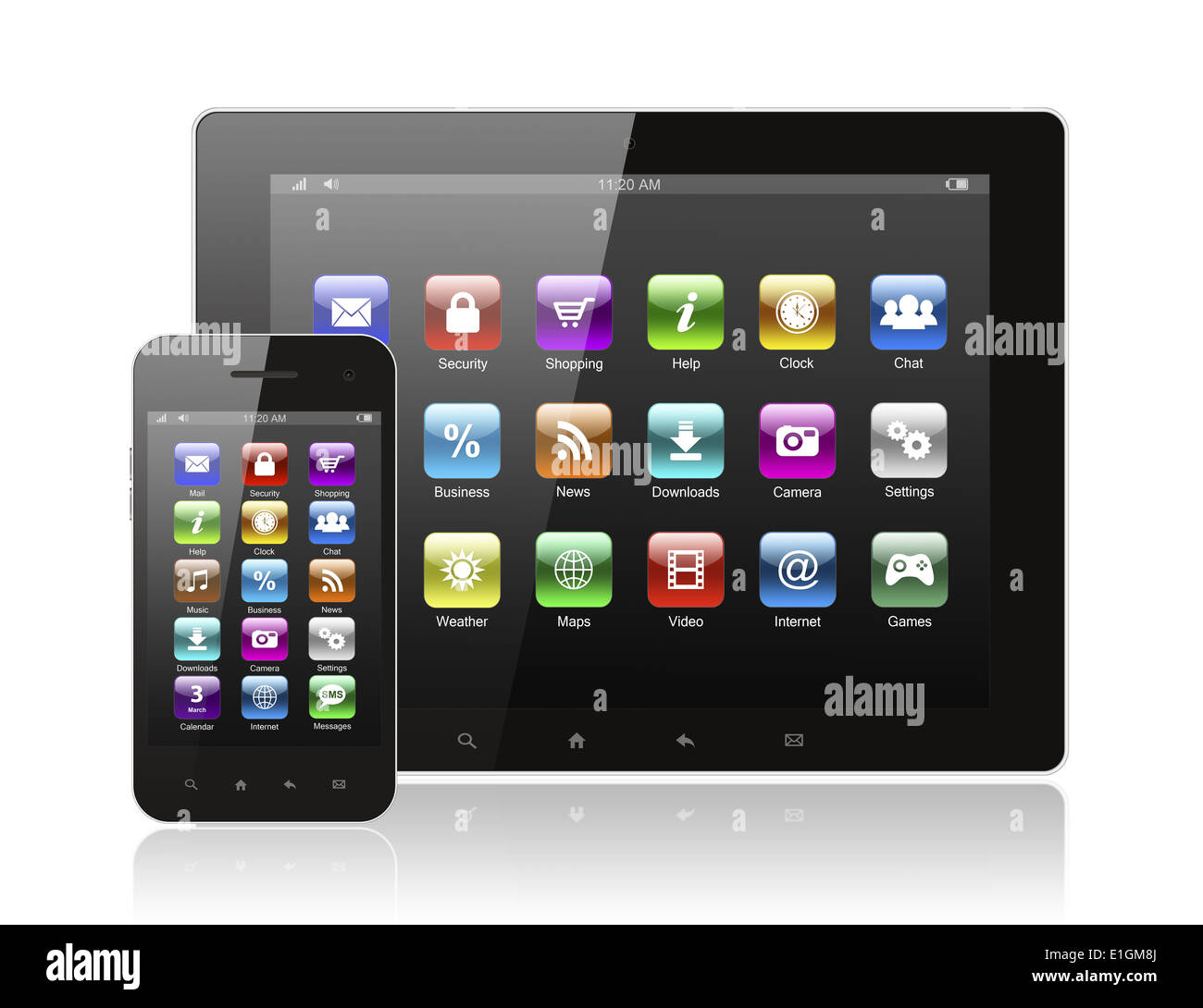 Tablet-PC und Smartphone mit Symbolen auf weißem Hintergrund Stockfoto