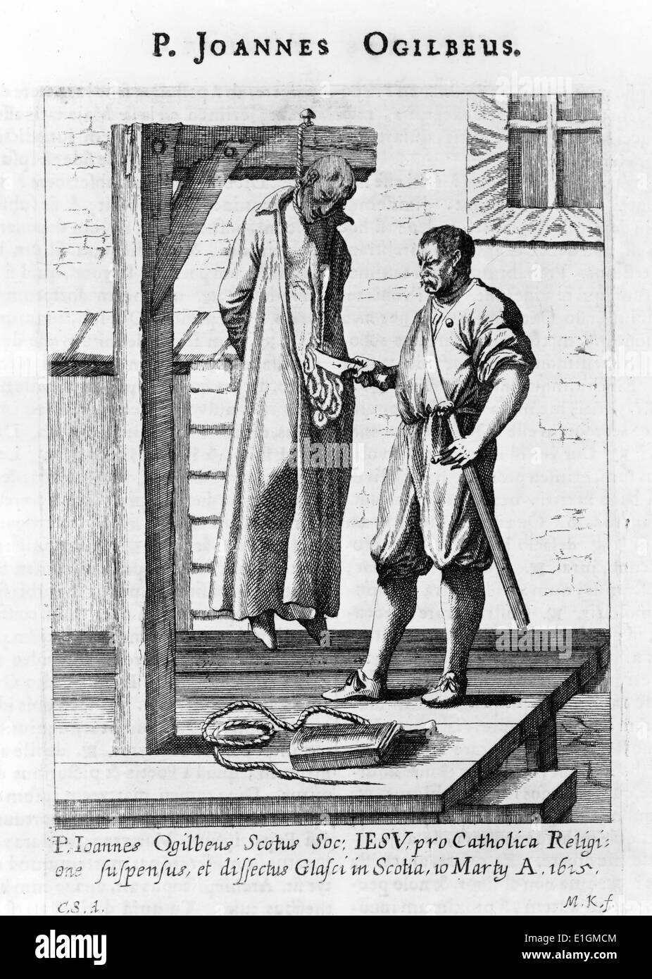 Abbildung: Darstellung von John Ogilvie hängen von dem Galgen und dem Henker schneidet seinen Unterleib mit einem großen Messer öffnen. Vom 1675 Stockfoto