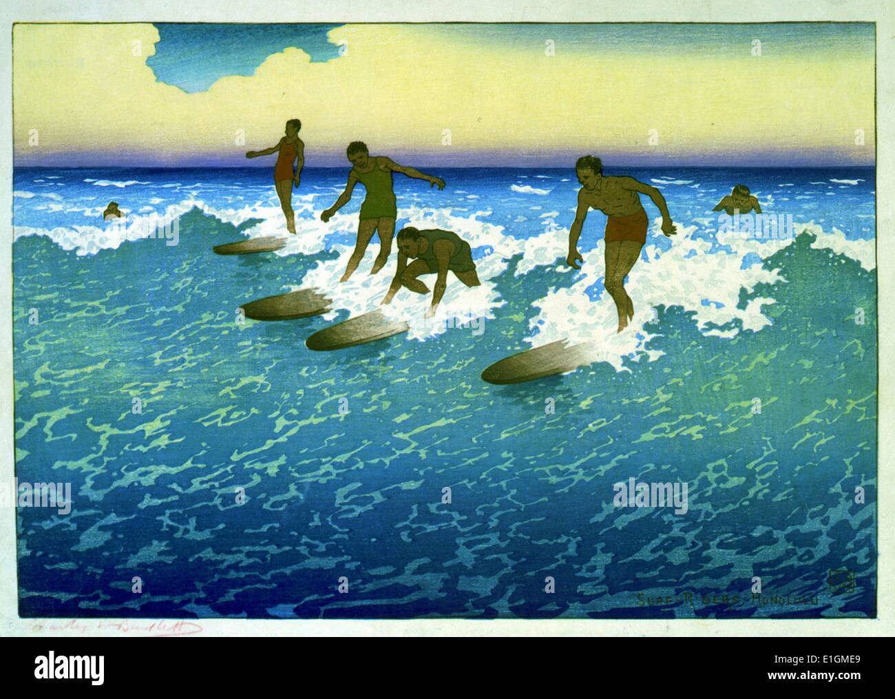 Fünf Surfer Wellen reiten. Stockfoto