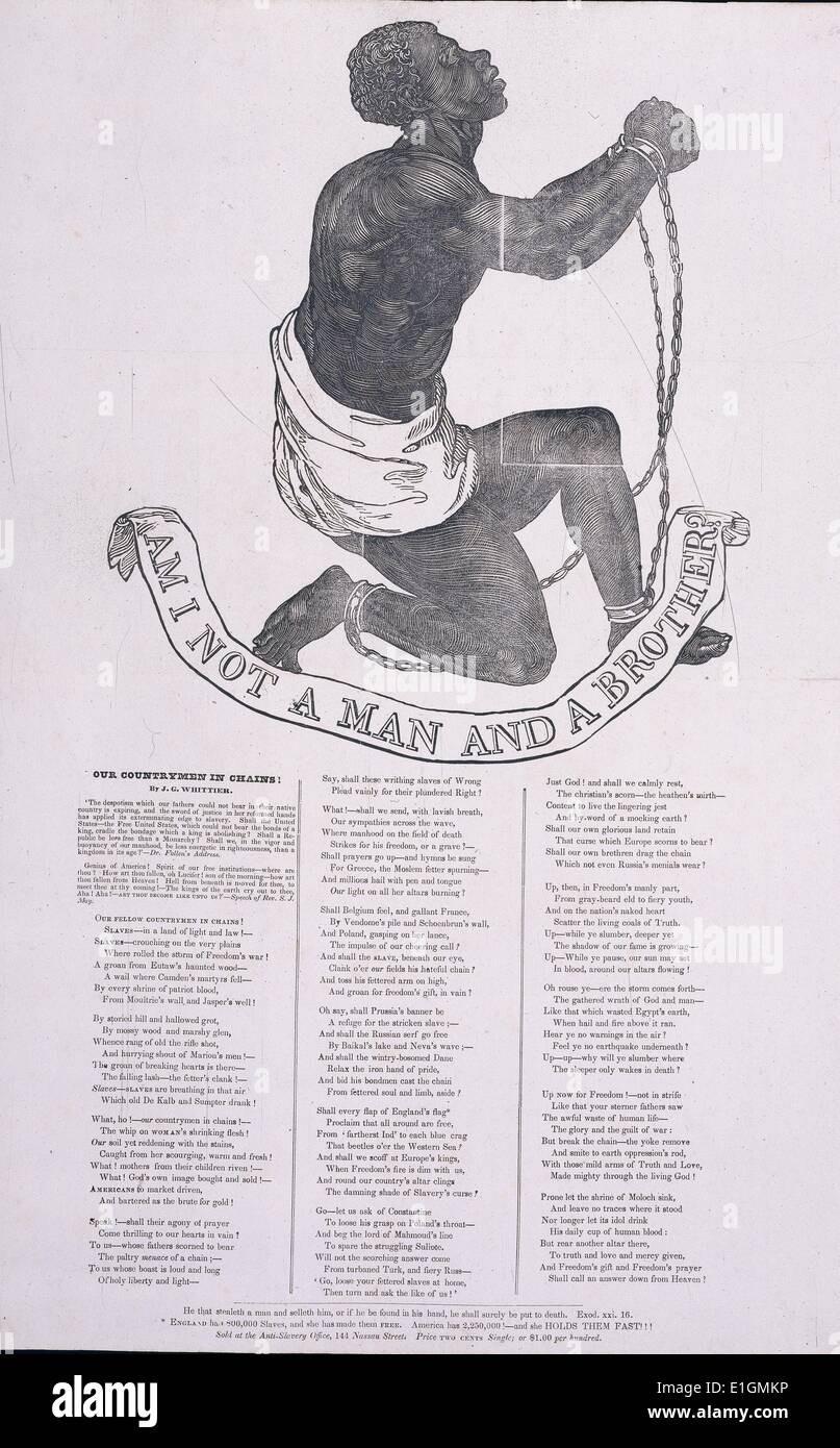 Die großen, kräftigen Holzschnitt Bild eines Supplicant männliche Sklaven in Ketten wird auf dem 1837 Breitseite Veröffentlichung der Sklavenbefreiung John Greenleaf Whittier's Gedicht, "unsere Landsleute in Ketten." Das Design wurde ursprünglich als Siegel der Gesellschaft für die Abschaffung der Sklaverei in England verabschiedet. Stockfoto