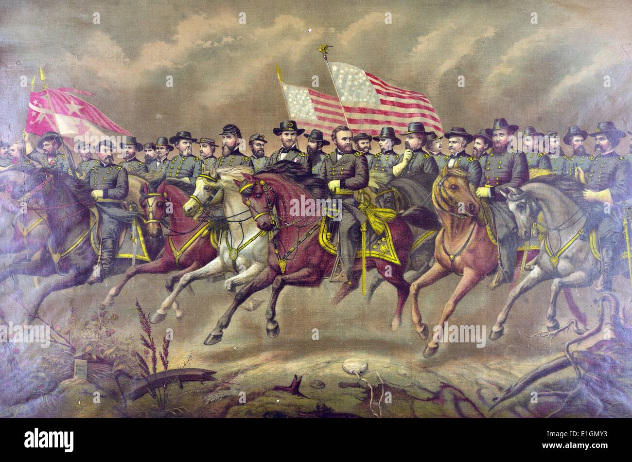 Farbdruck mit Präsident Ulysses S. Grant und seine Generäle auf dem Pferderücken.  Erstellt von E. Böll. Vom Jahre 1865 Stockfoto