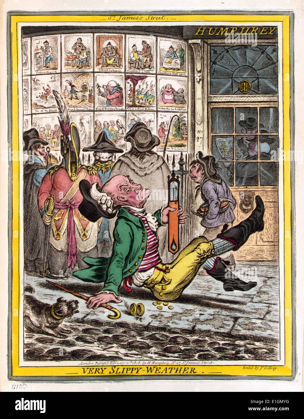 Handcolorierte Radierung stellt einen älteren Mann, der gerutscht ist und auf dem Bürgersteig außerhalb Humphrey's Druckerei an Nr. 27 St. James's Street, London gefallen. Er ist ein Thermometer, die er aufrecht halten, hinter ihm sind fünf Personen an Karikaturen gedruckt von Humphrey, die sich auf die Anzeige in der windows-Shop suchen. Von James Gillray (1756-1815) Britischer Karikaturist und Grafiker bekannt für seine geätzt politische und soziale Satiren erstellt. Vom 1808 Stockfoto
