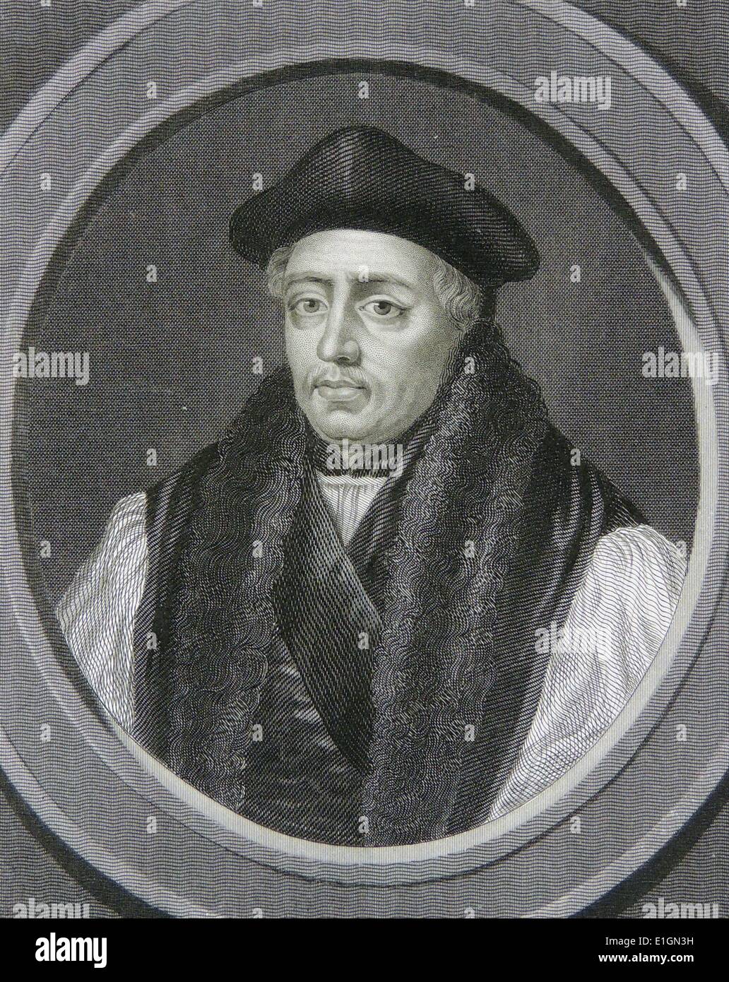 Thomas Cranmer (1489-1556) Englischer Prälat und evangelischen Märtyrer. Erzbischof von Canterbury. Gefunden, des Hochverrats schuldig gesprochen, unter ich Maria und auf dem Scheiterhaufen verbrannt in Oxford. Gravur, 1851. Stockfoto