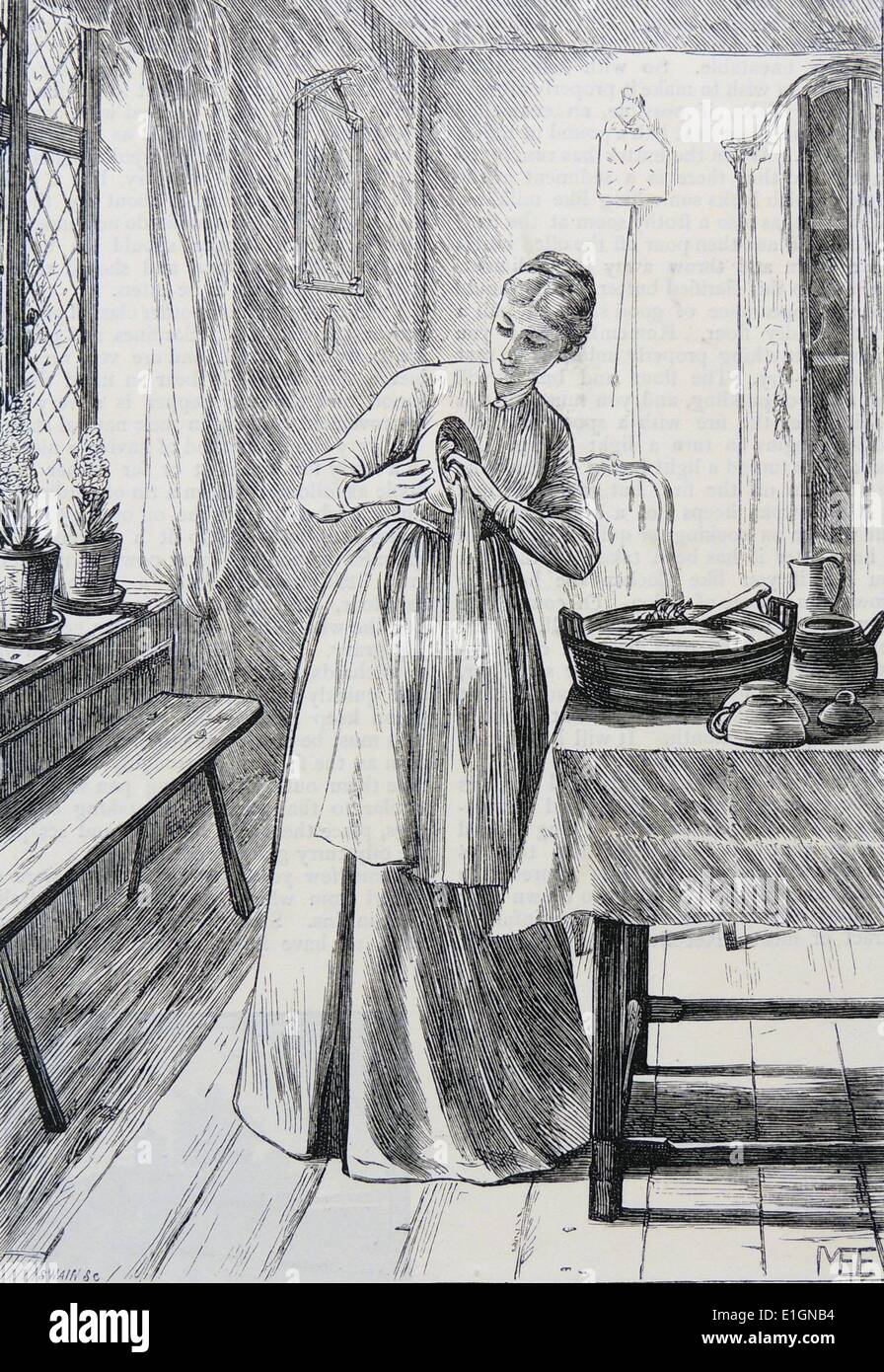 Hausfrau, waschen und trocknen das Geschirr. Illustration von Mary Ellen Edwards, London, 1886. Stockfoto