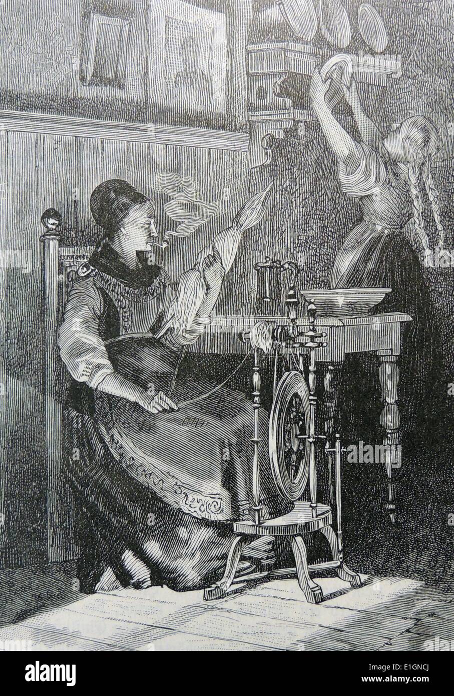 Frau von Telemark, Norwegen, Pfeife zu rauchen, da sie dreht. Gravur, Deutschland c1895. Stockfoto