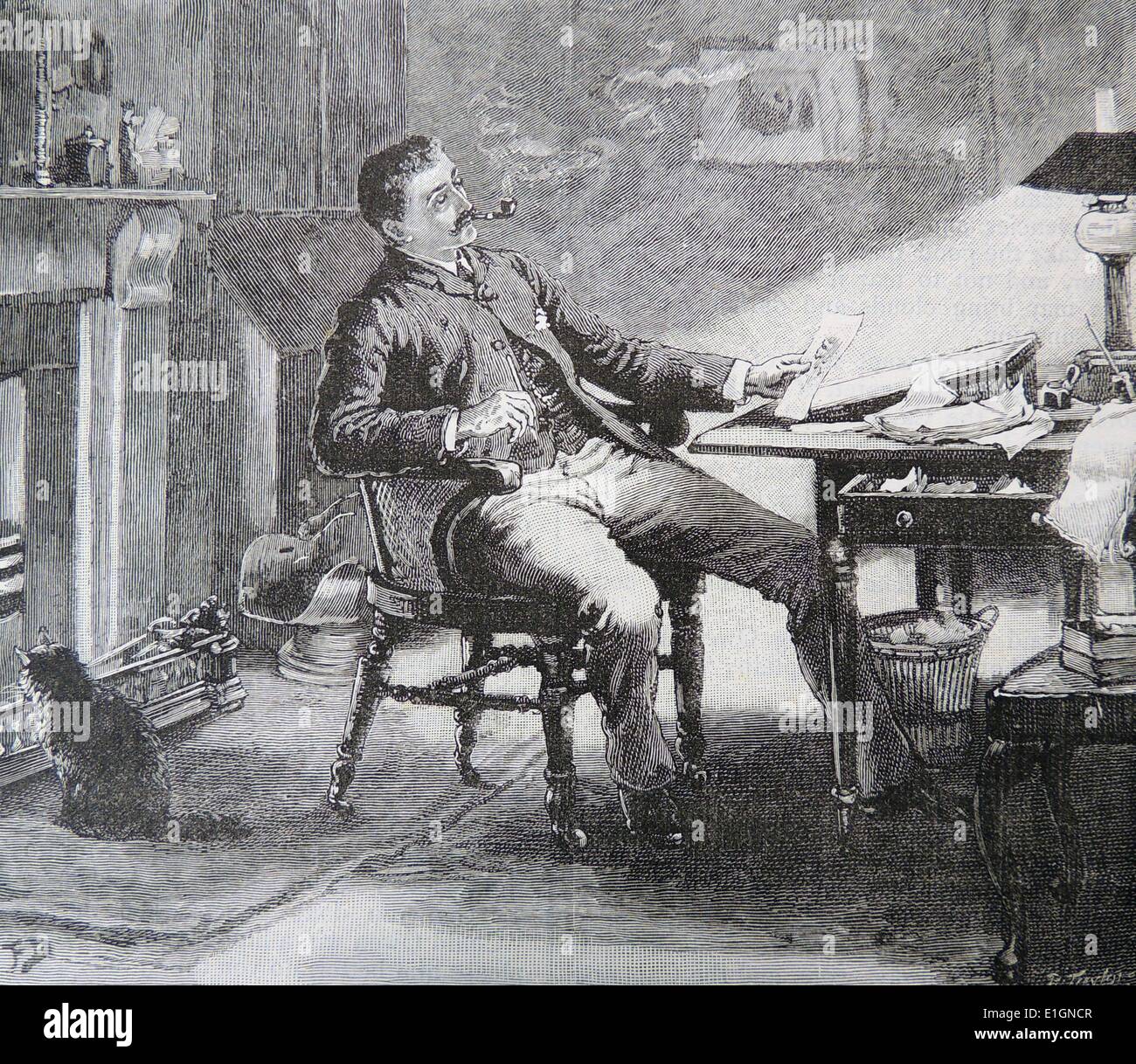 Mann Rauchen einer Pfeife wie er sitzt an einem Tisch, seine Zurück zum Feuer, Schreiben Neigung zu seiner Linken. Ein Haustier Katze sitzt auf dem hearthrug genießen die Wärme des Feuers. Magazine Illustration von Frank Dadd (1851-1929), London, 1890. Stockfoto