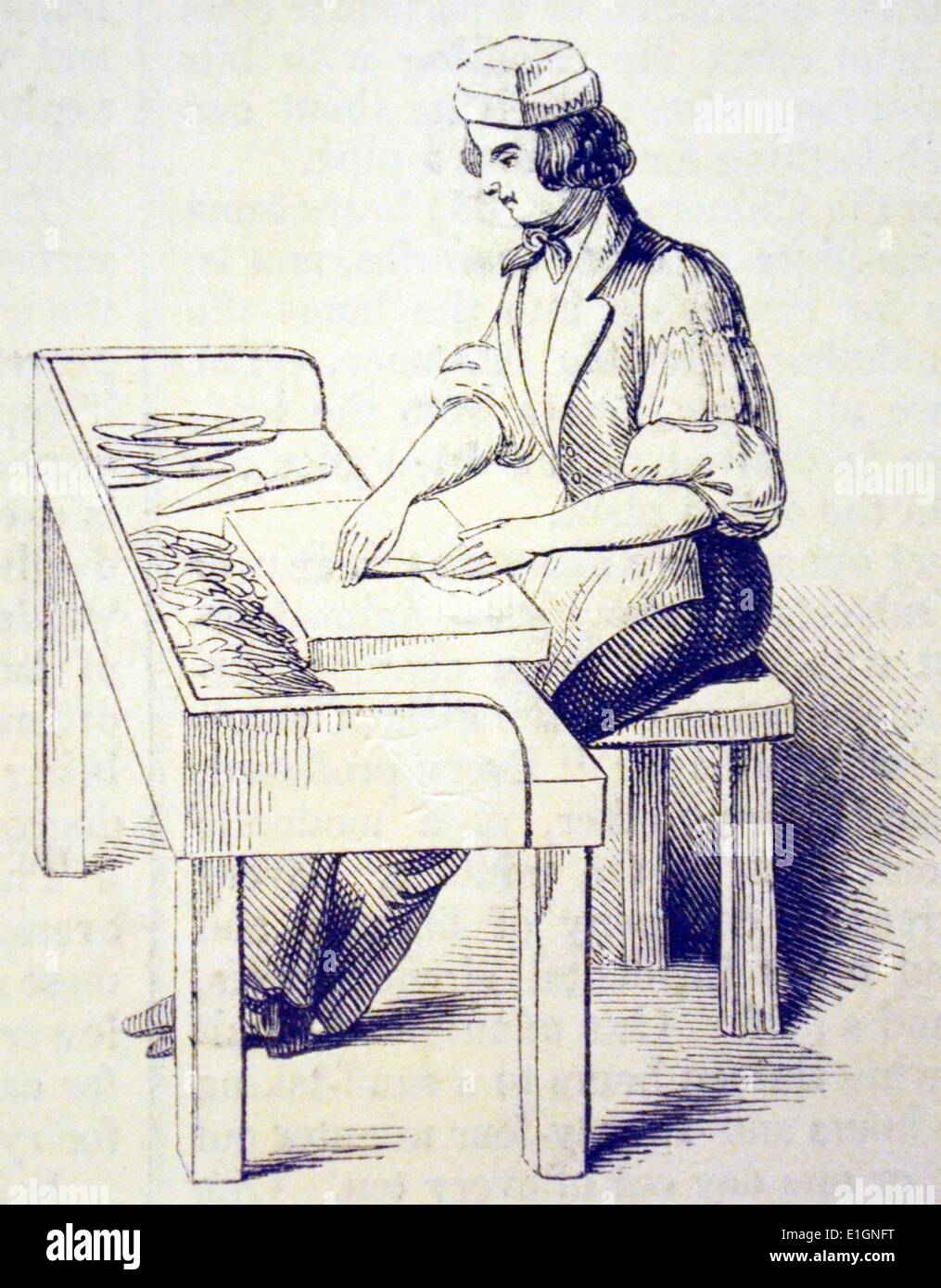 Rolling Zigarren in einem Londoner Tabakfabrik. Die sehr hohe Rate des Zolls bei der Einfuhr von Zigarren bedeutete, dass mehr und mehr in Großbritannien gemacht wurden. Holzstich, London, 1841. Stockfoto