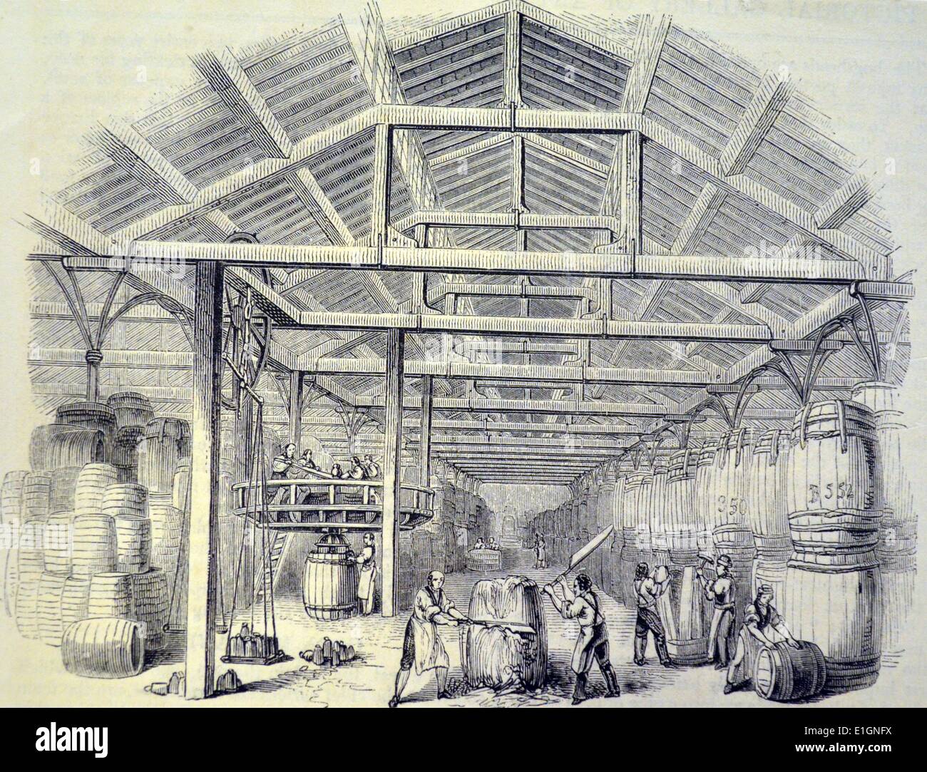 Tabak-Haus in der London Docks.  Holzschnitt, London, 1841. Stockfoto