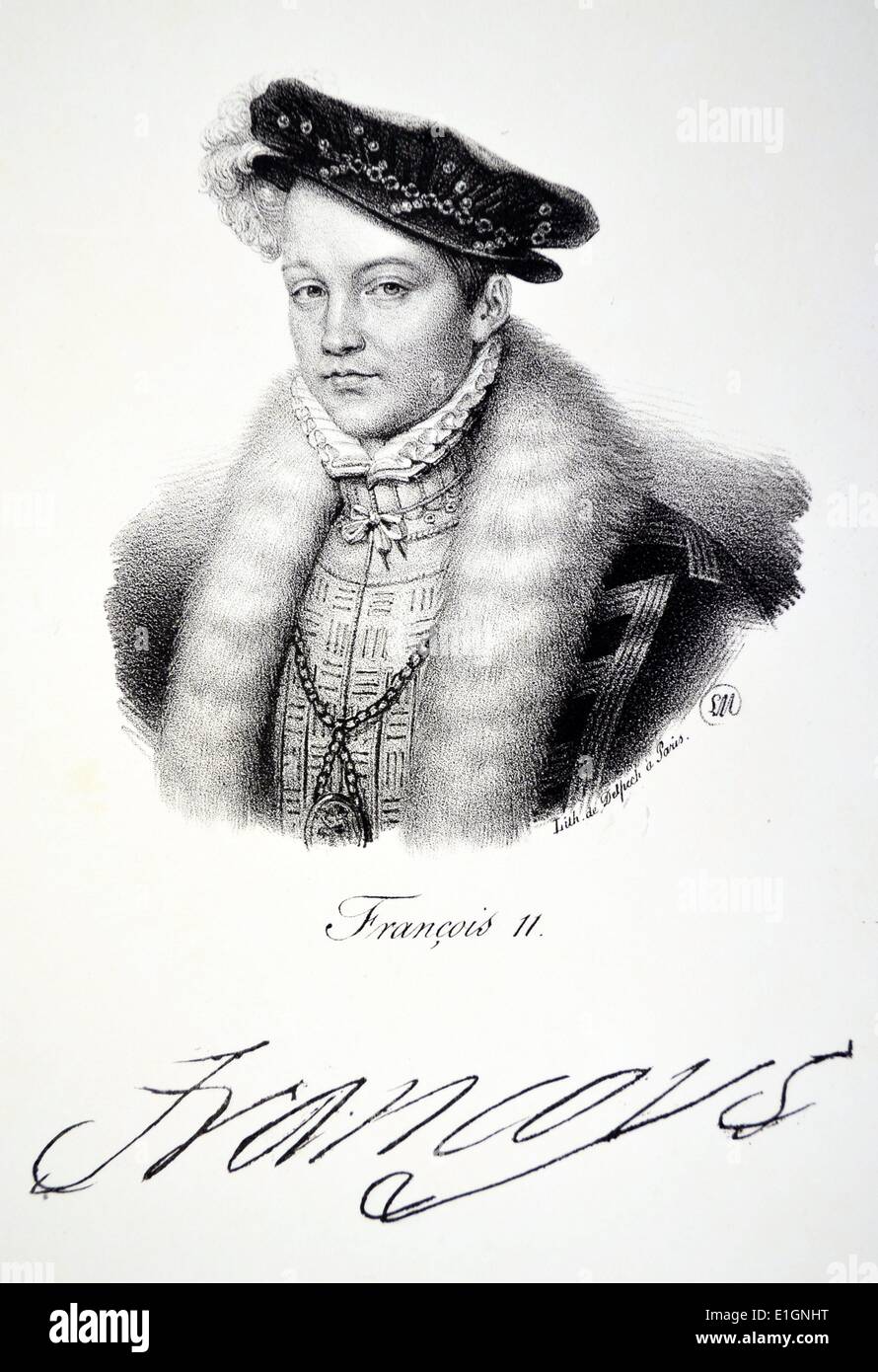 Francois II (1544-1560) König von Frankreich 1559-1560.  Verheiratete Mary, Queen of Scots 1558. Lithographie, Paris, c1840. Stockfoto