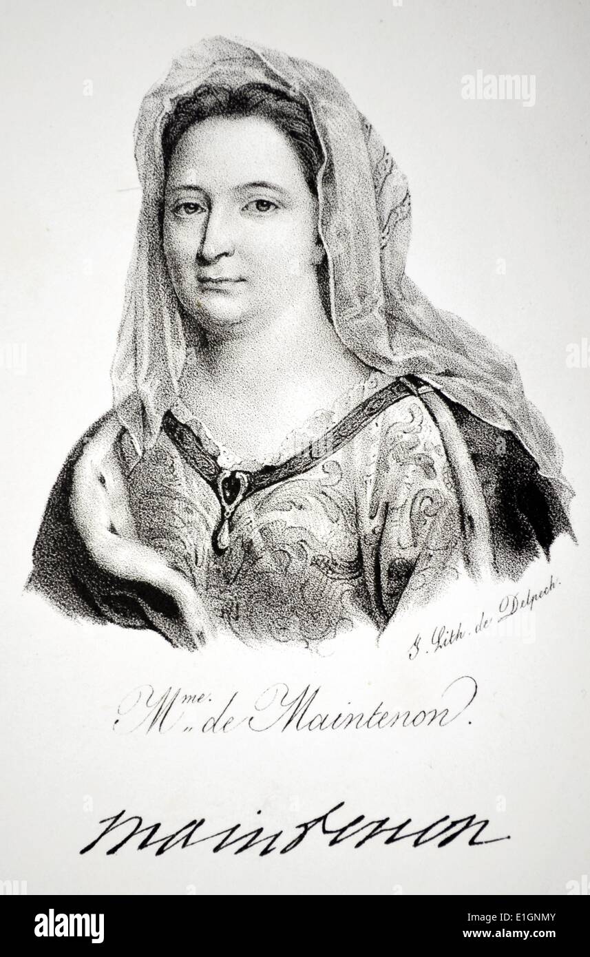 Francoise d'Aubigne, Marquise de Maintenon (1635-1719) Herrin und, ab 1685, zweite Ehefrau von Ludwig XIV. von Frankreich. Lithographie, Paries, 1832. Stockfoto