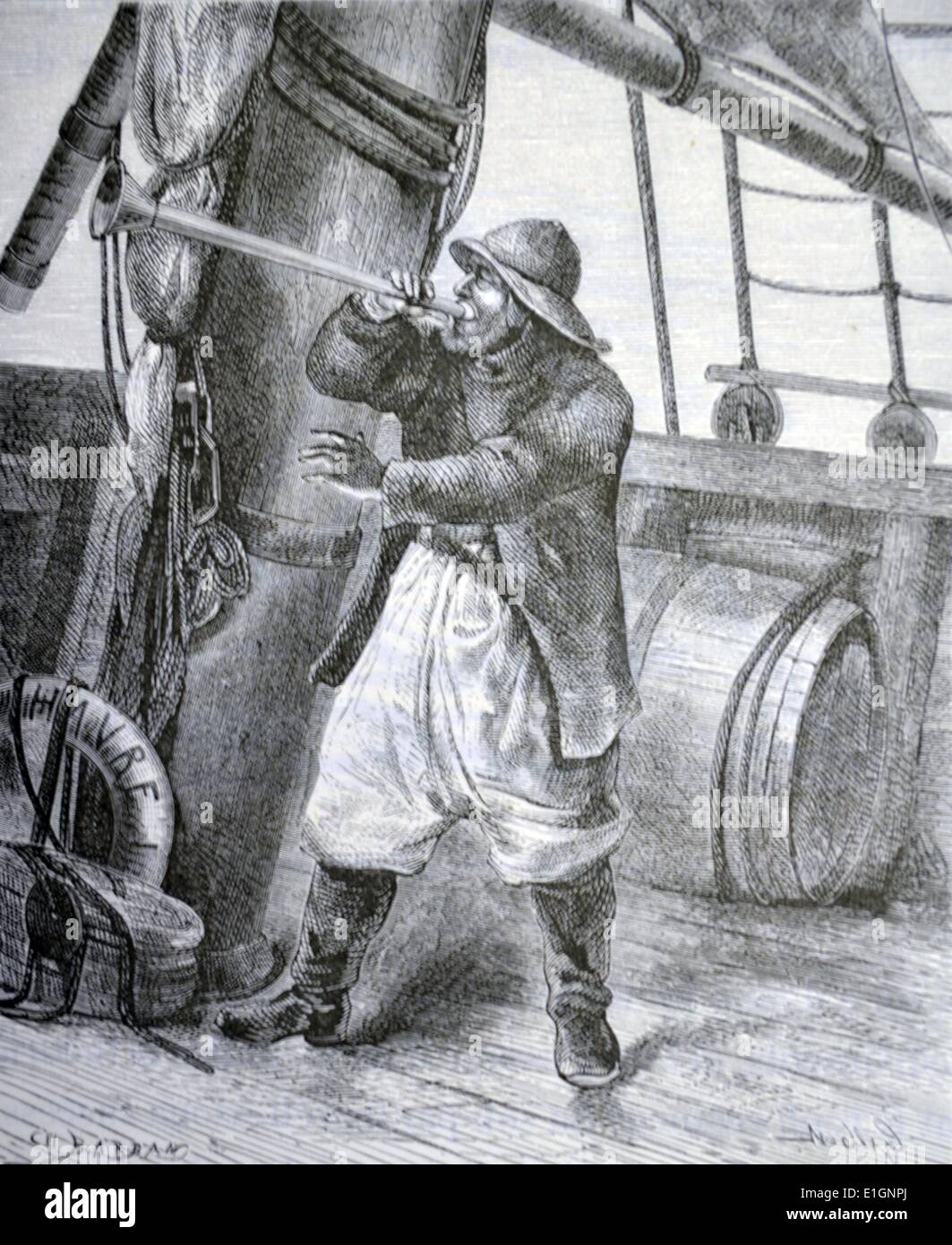 Seemann mit einer sprechenden Trompete ein anderes Schiff, Hagel. Gravur von ''Les Applications de la Physique'' von Amédée Guillemin, Paris, 1874. Stockfoto