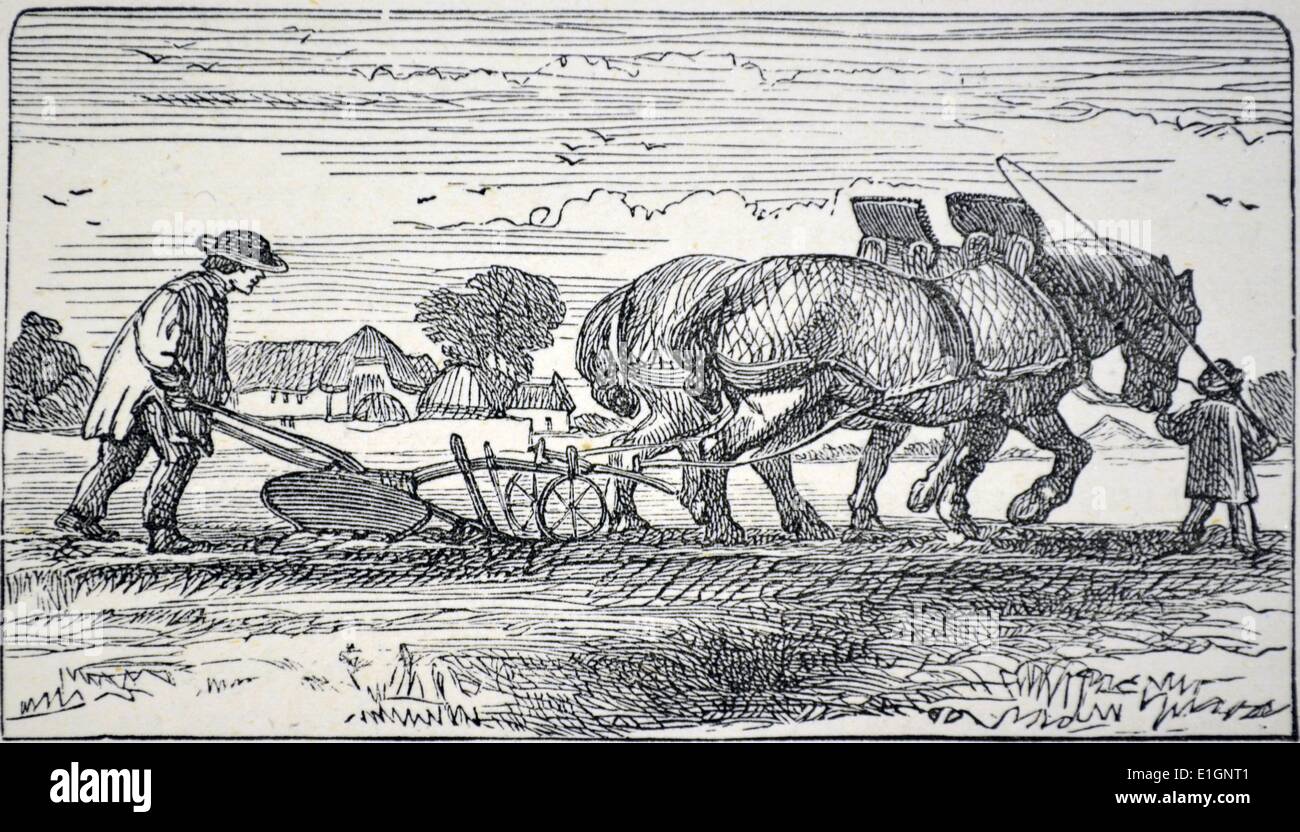Das Pflügen mit Hilfe einer fahrbaren Pflug gezogen von zwei Pferden, die von einem plowboy geführt werden. Holzschnitt aus'' große Erfinder'', London, c 1882. Stockfoto