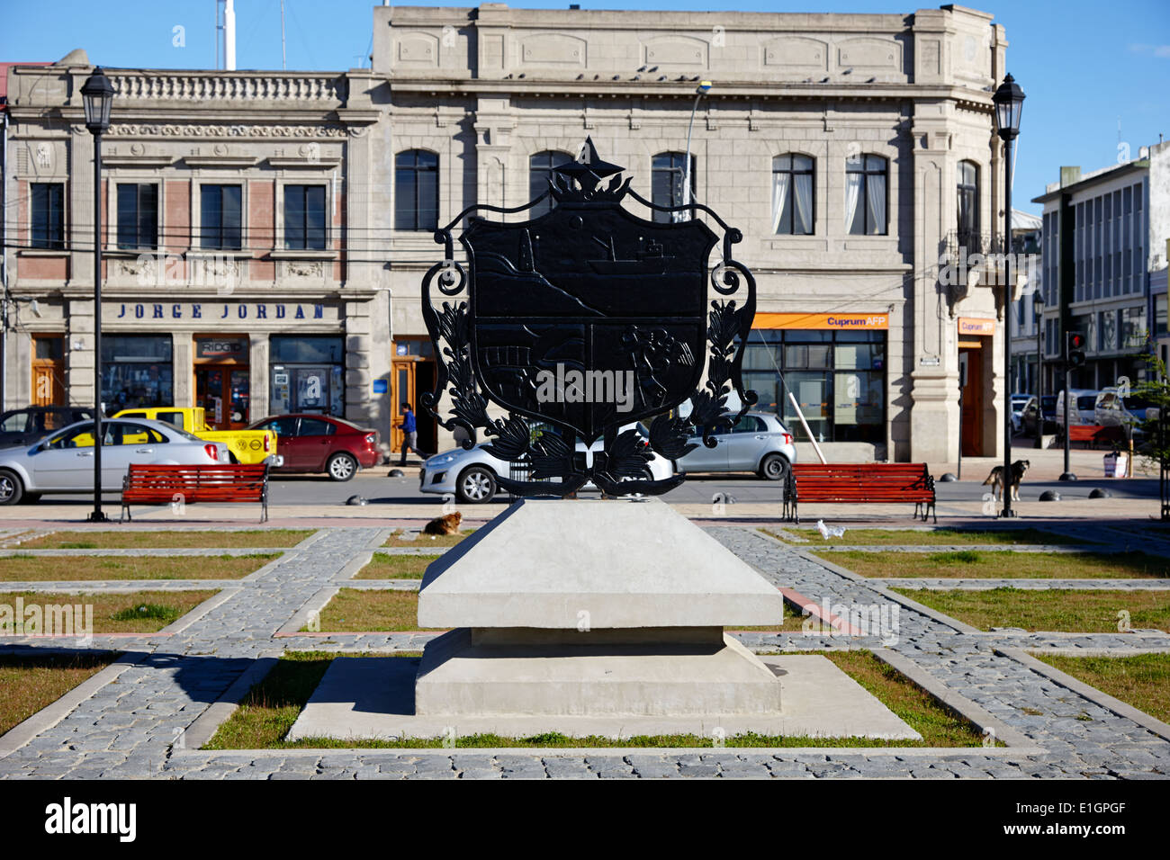 Punta Arenas Wappen im Waterfront Park Chile Stockfoto