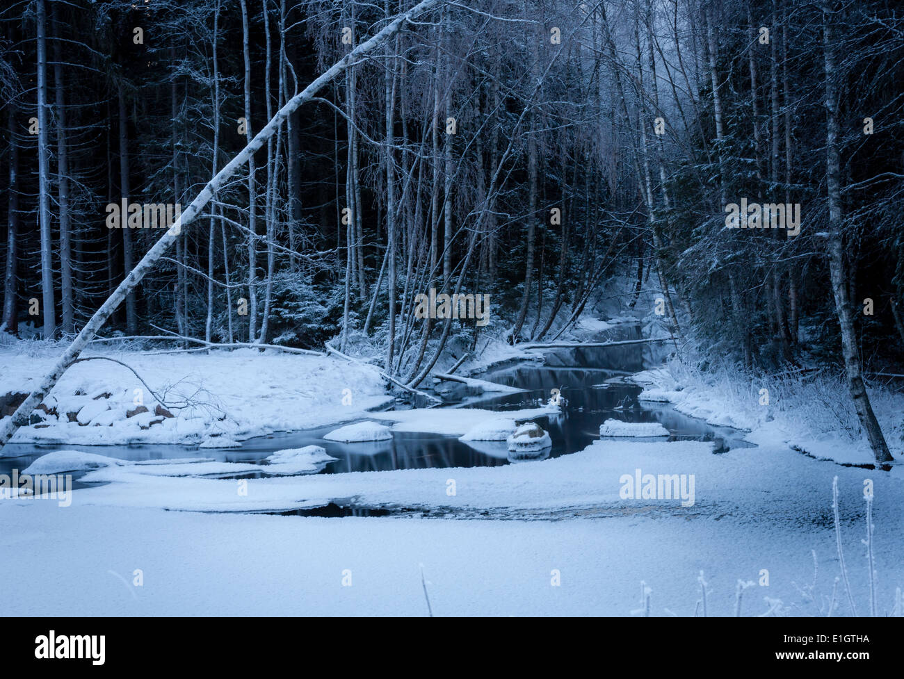 Sehr kalte Nacht am Fluss in Finnland. Stockfoto