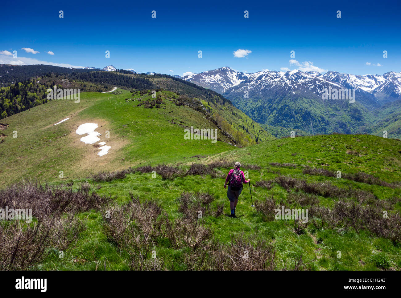 Weibliche Walker in rotes Top, Plateau de Beille, französischen Pyrenäen, entfernten schneebedeckten Berge, blauer Himmel, Sommer, Stockfoto