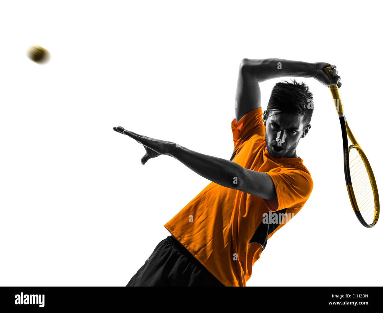 ein Mann Tennis Spieler Porträt in der Silhouette auf weißem Hintergrund Stockfoto