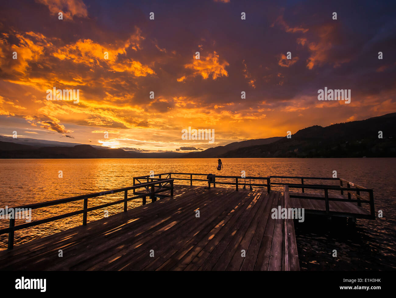 Junge Frau abspringen Wharf Park in Okanagan Lake im Süden Okanagan Valley, Naramata, British Columbia, Kanada Stockfoto