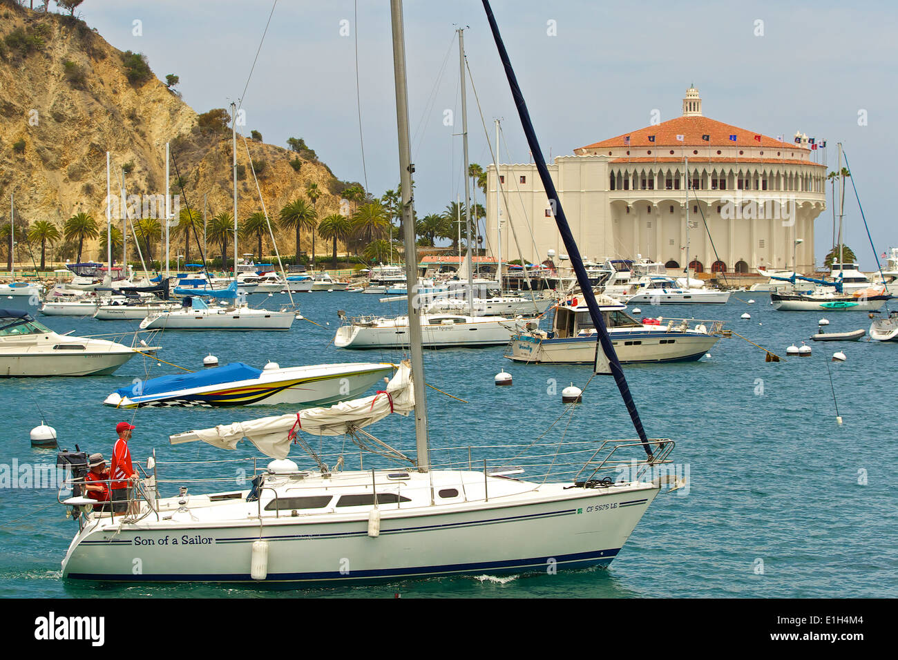 Kleines Segelboot fährt Avalon Hafen, Santa Catalina Island, Kalifornien. Stockfoto