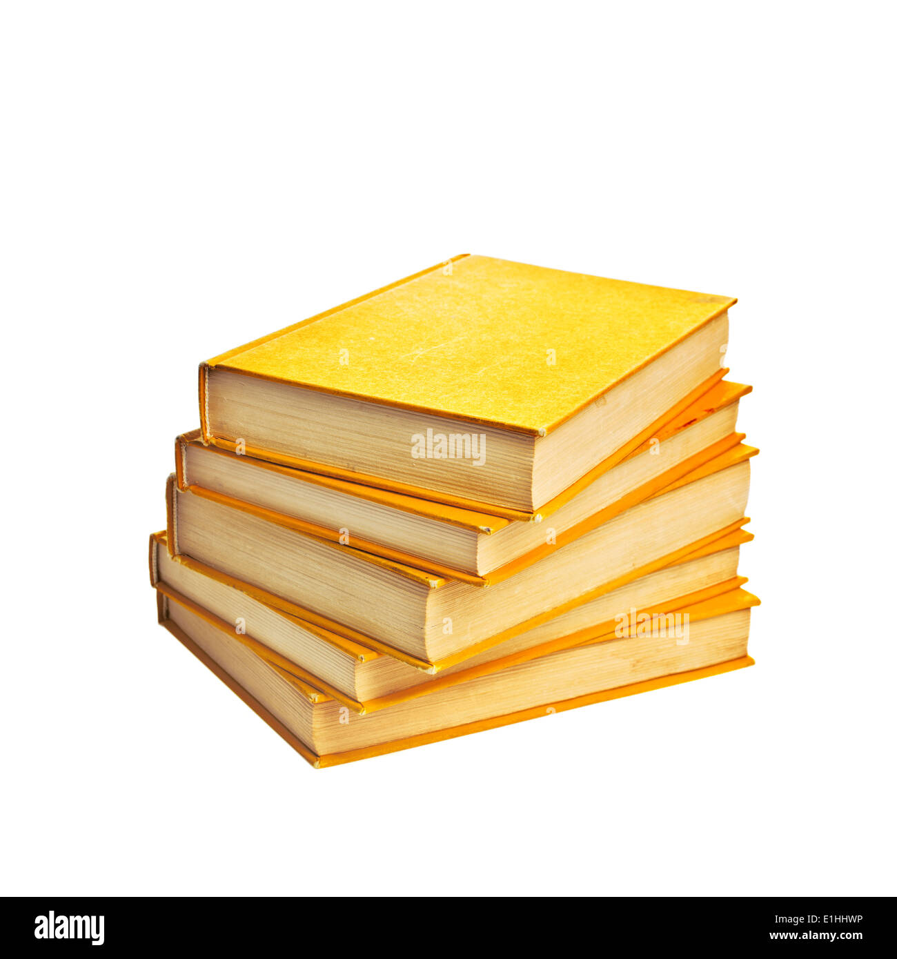 Stapel von gebrauchte Bücher mit gelben Festeinband auf weißem Hintergrund Stockfoto