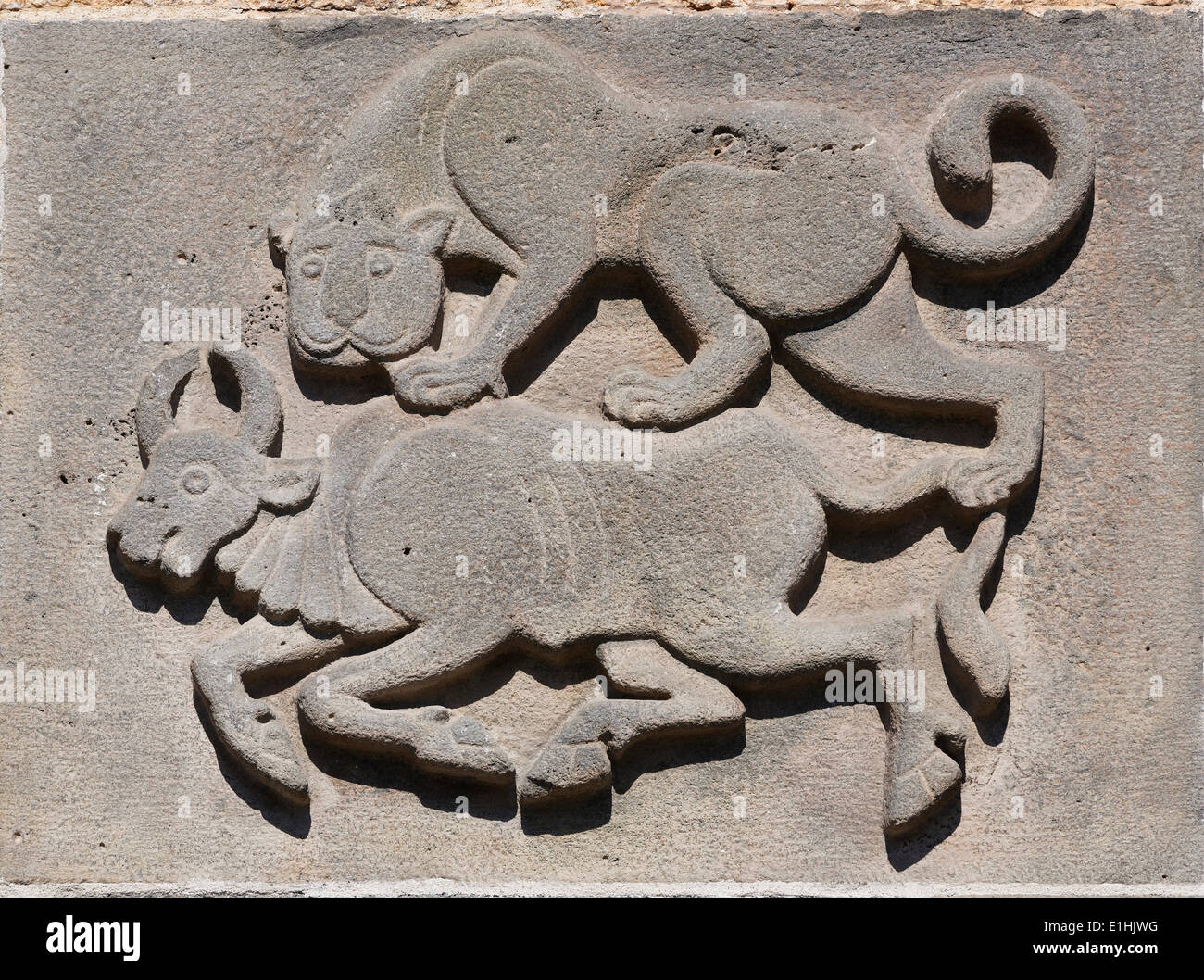 Relief, ein Löwe und ein Stier, große Moschee, Ulu Camii, Diyarbakir, Südost-Anatolien-Region, Südostanatolien, Türkei Stockfoto