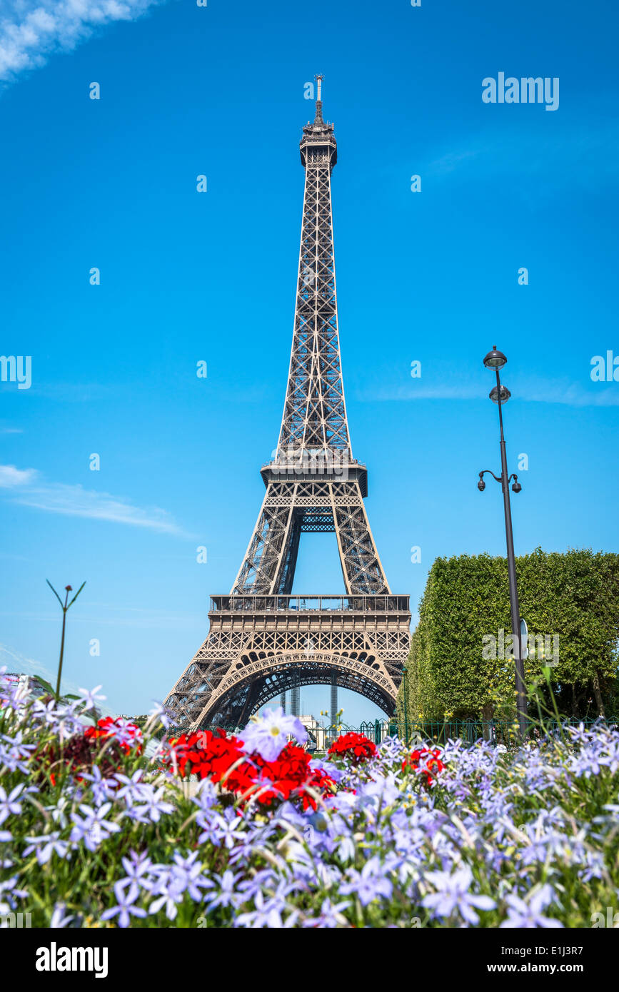 Eiffelturm-Blick vom Champ de Mars in Paris, Frankreich Stockfoto