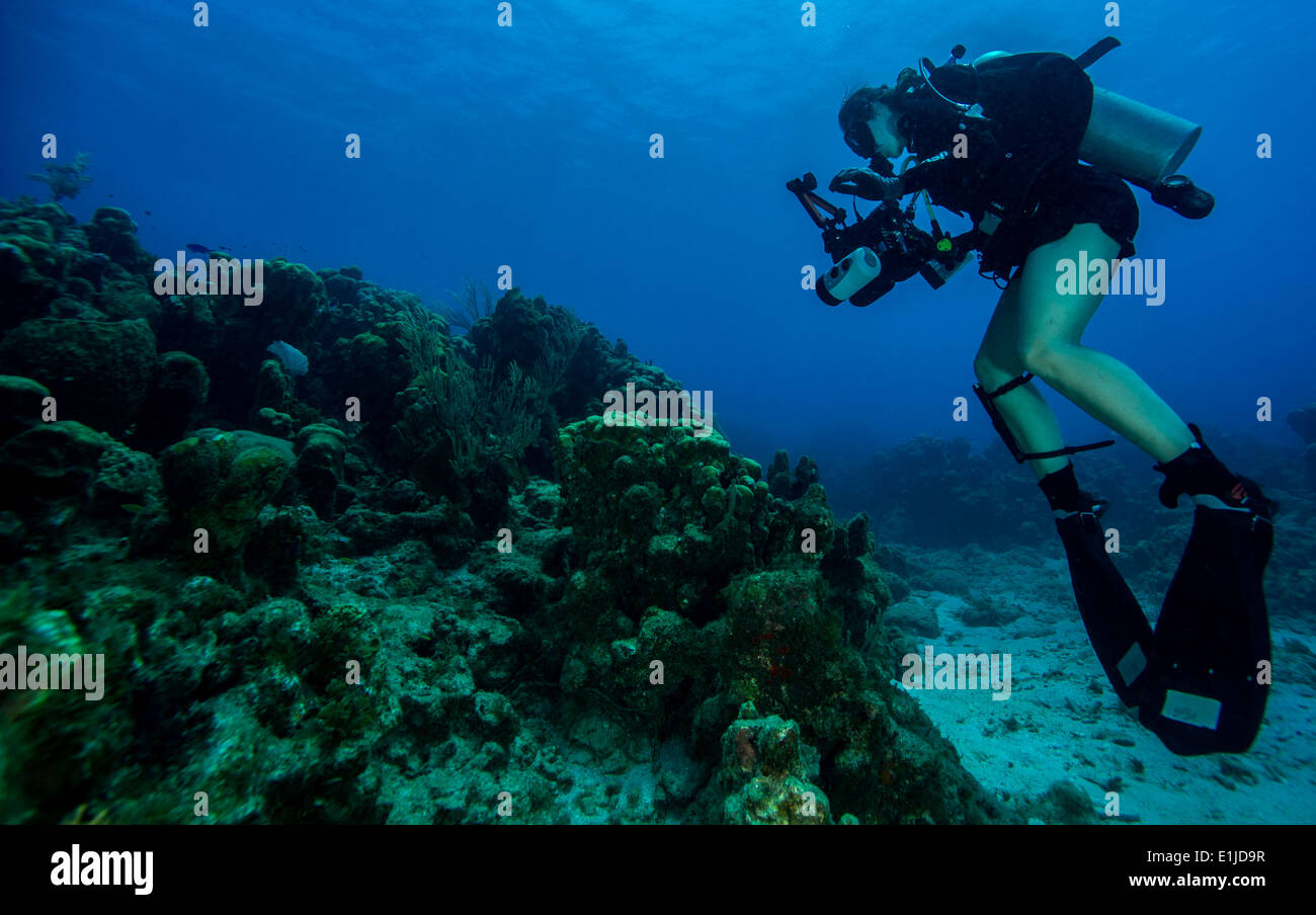 U. S. Navy Petty Officer 2. Klasse Kathleen Gorby führt Unterwasser-Fotografie-Ausbildung vor der Küste von Guantanamo Bay, Cub Stockfoto