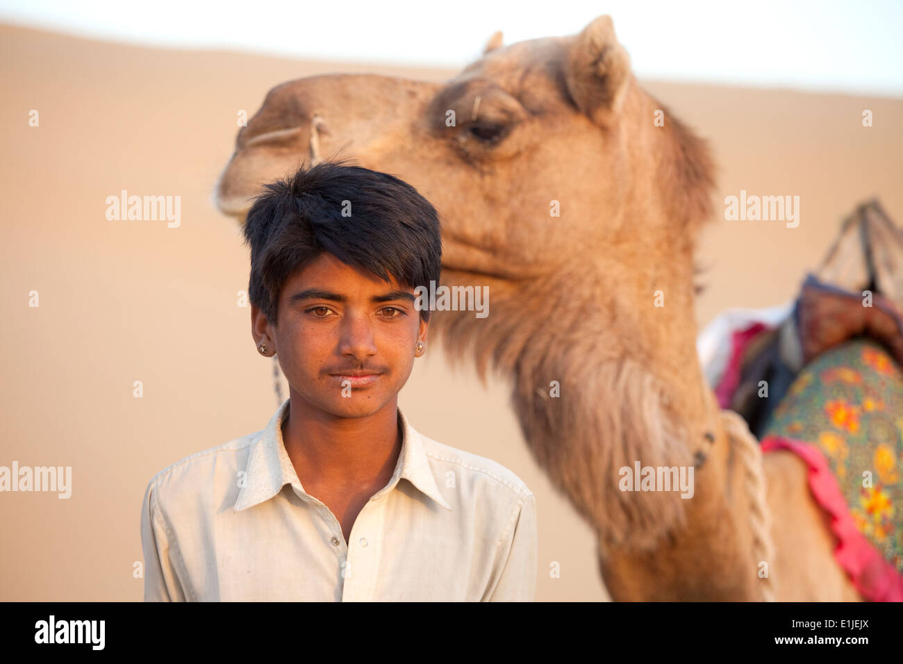 Junge und Kamel, Wüste Thar einlaufendes, Indien Stockfoto