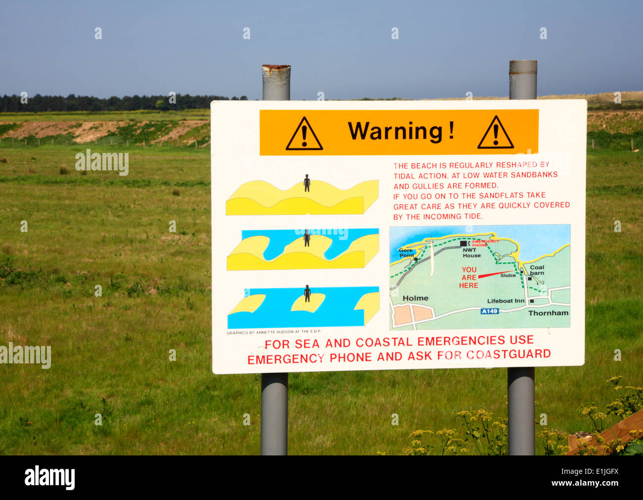 Ein Warnschild gegen ankommenden Gezeiten an Dornweiler, Norfolk, England, Vereinigtes Königreich. Stockfoto