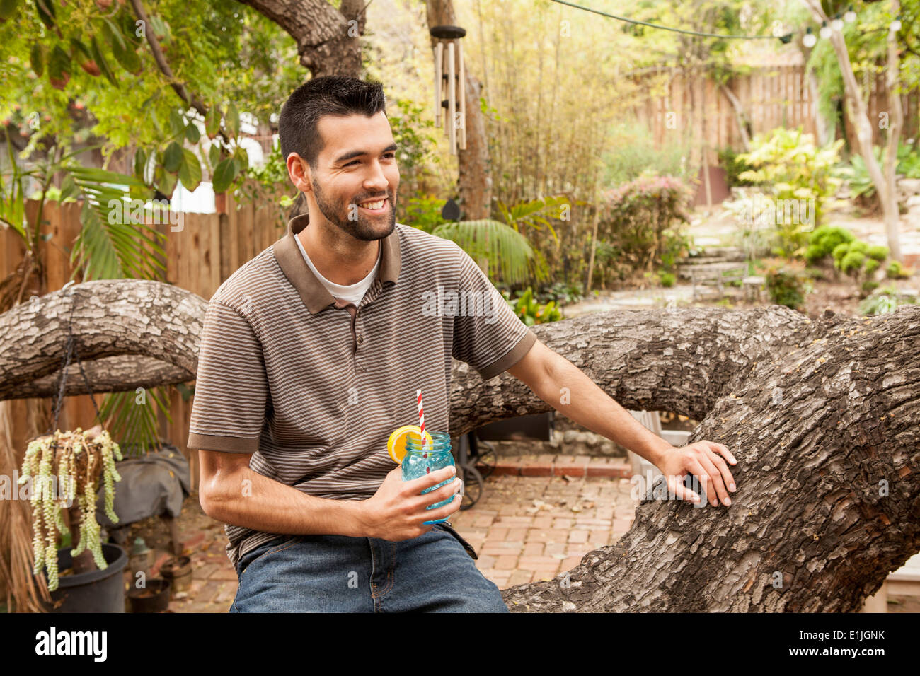 Mann, sitzend auf Ast im Garten mit einem drink Stockfoto