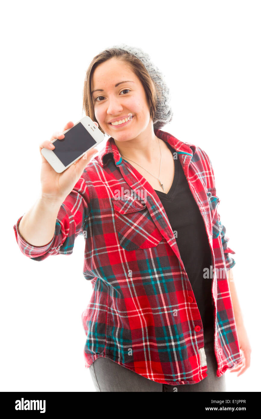 Junge Frau, die ein smart phone Stockfoto